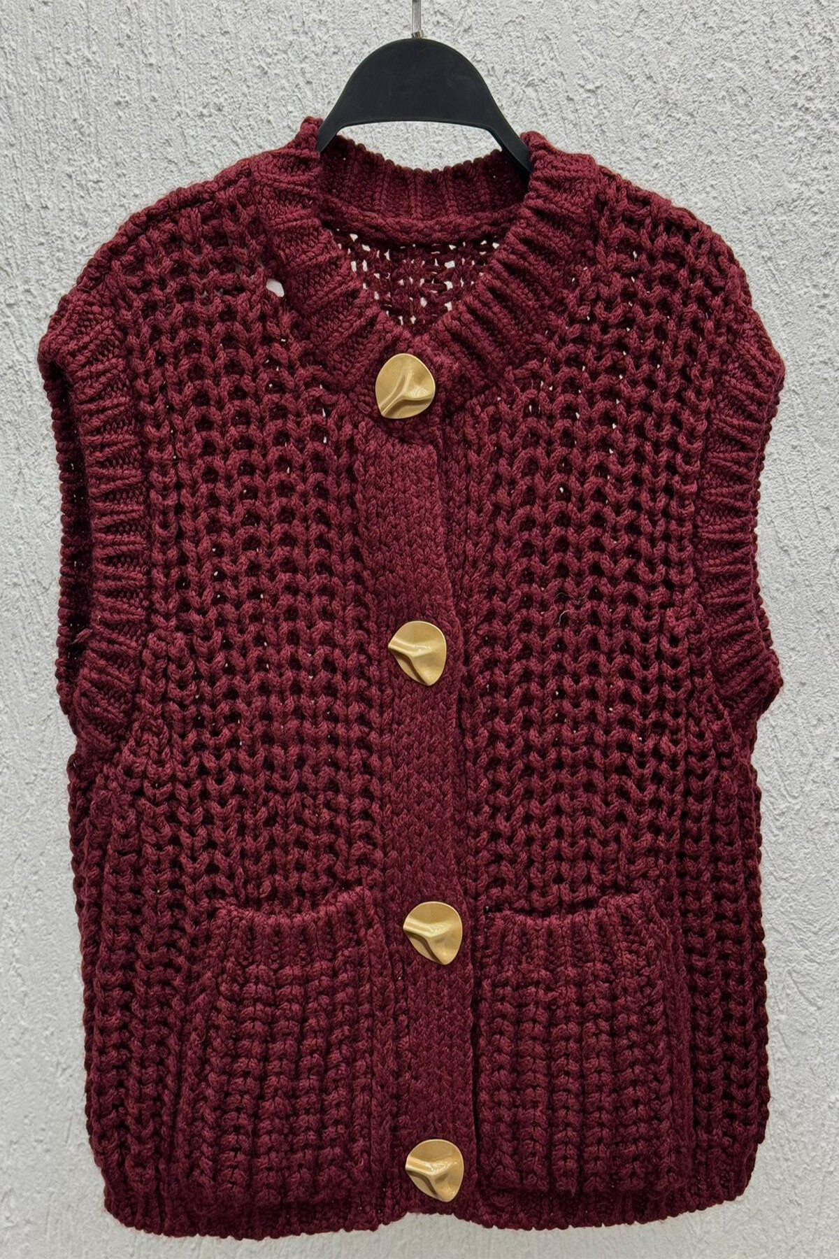 Kalın Örgülü Trend Yelek Bordo