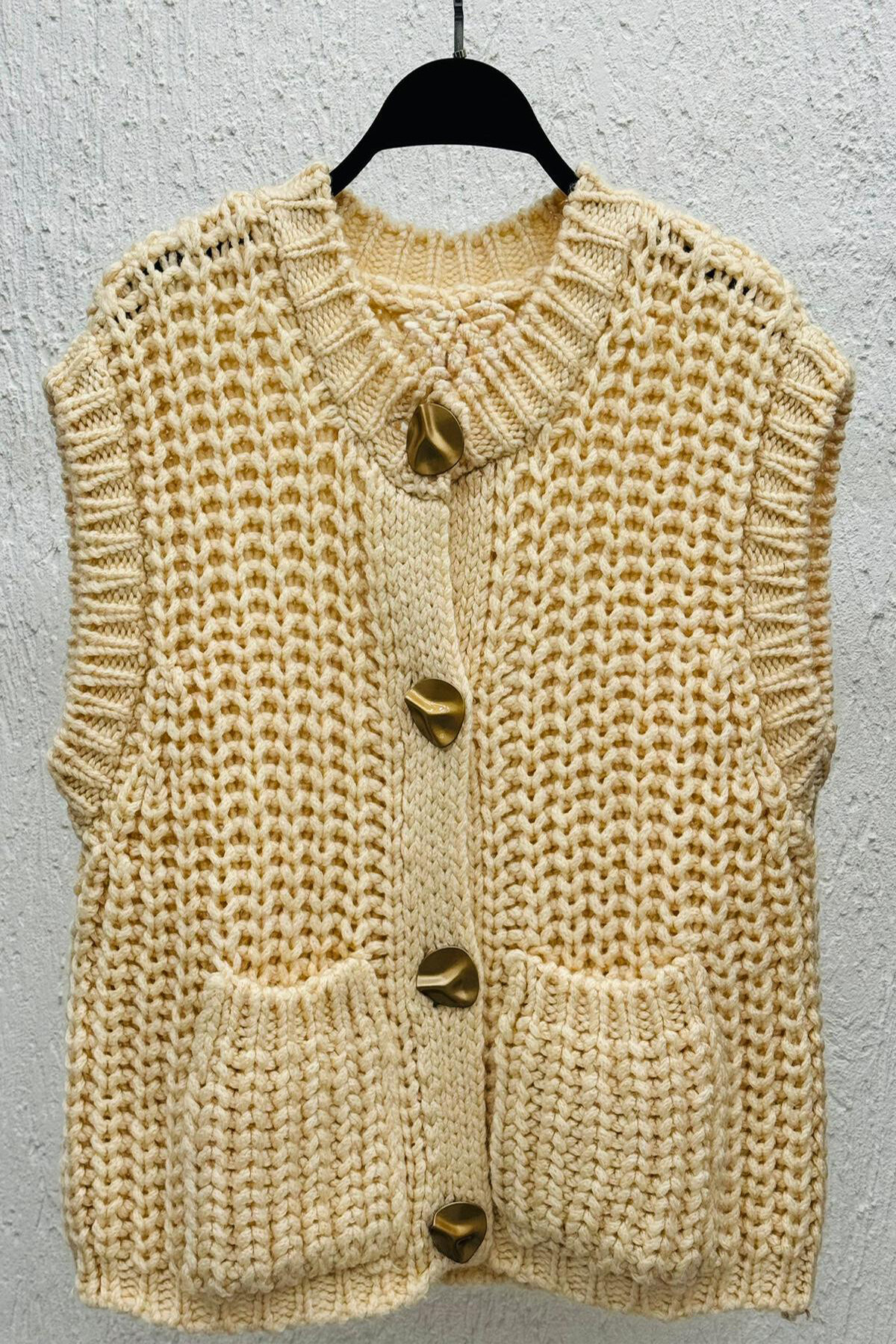 Kalın Örgülü Trend Yelek Krem