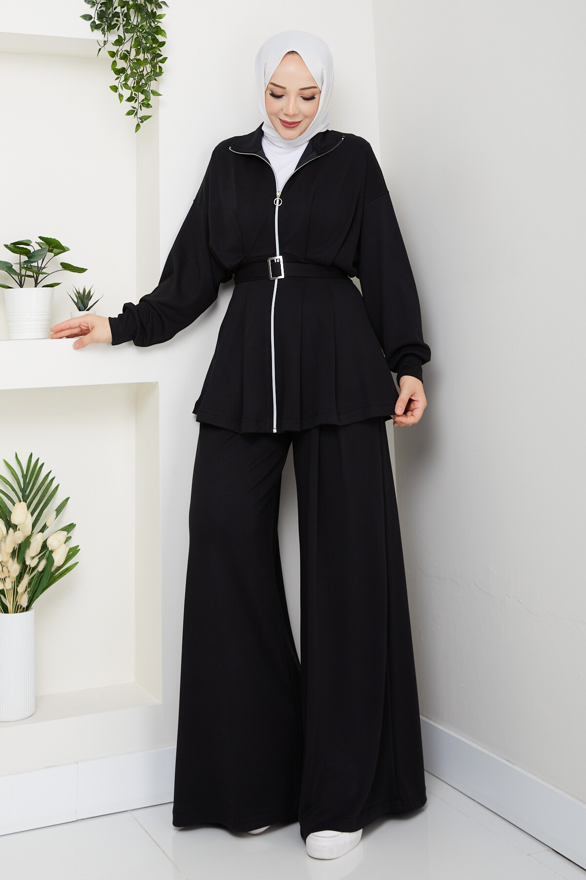 Kemerli Bol Paça Takım Siyah