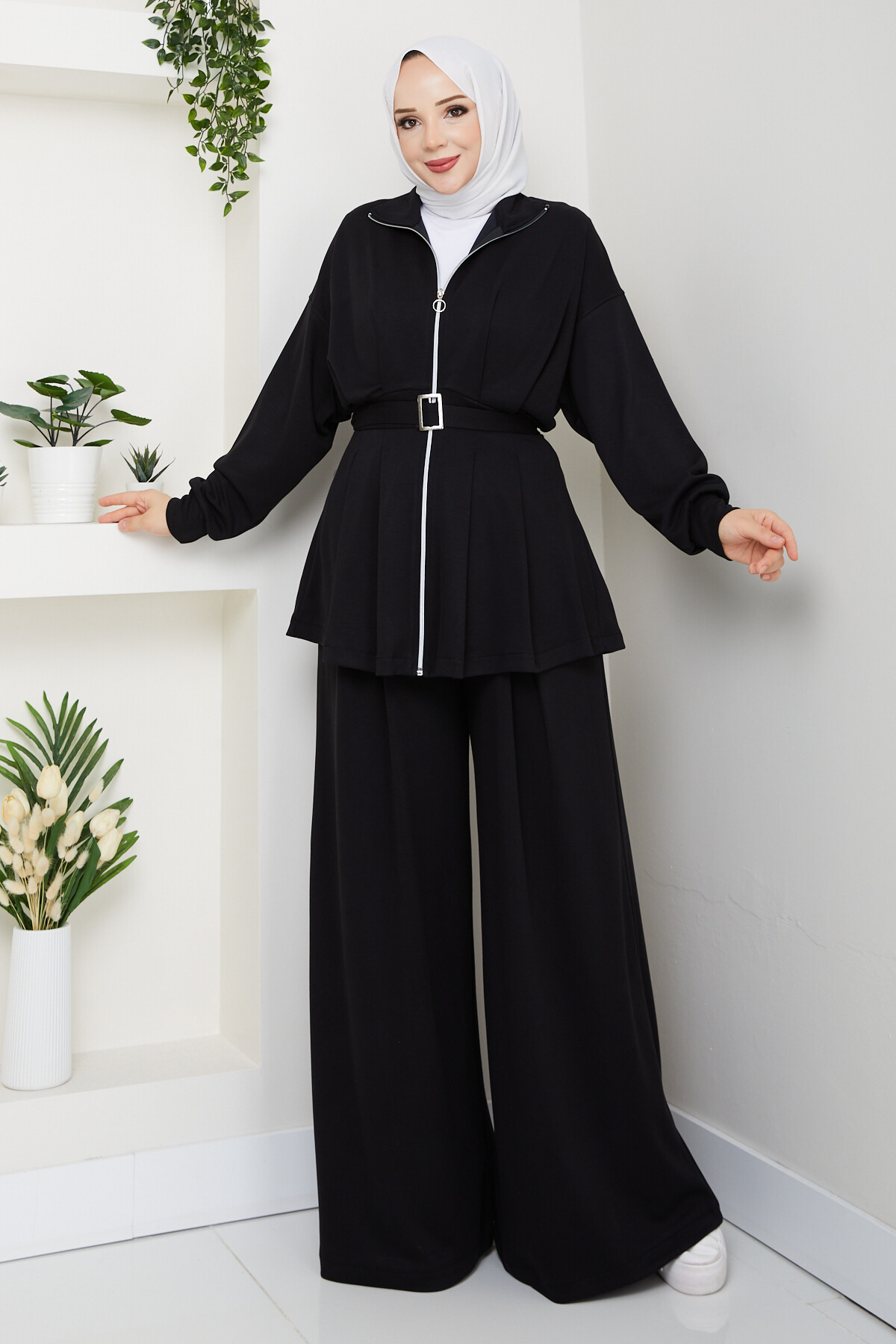 Kemerli Bol Paça Takım Siyah