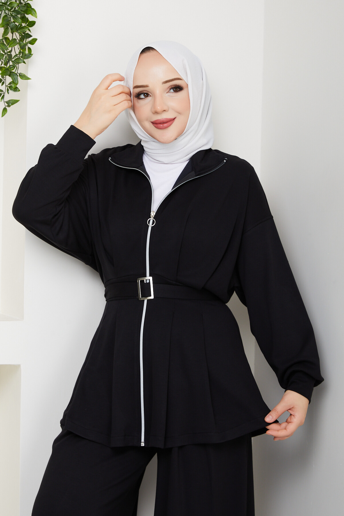 Kemerli Bol Paça Takım Siyah