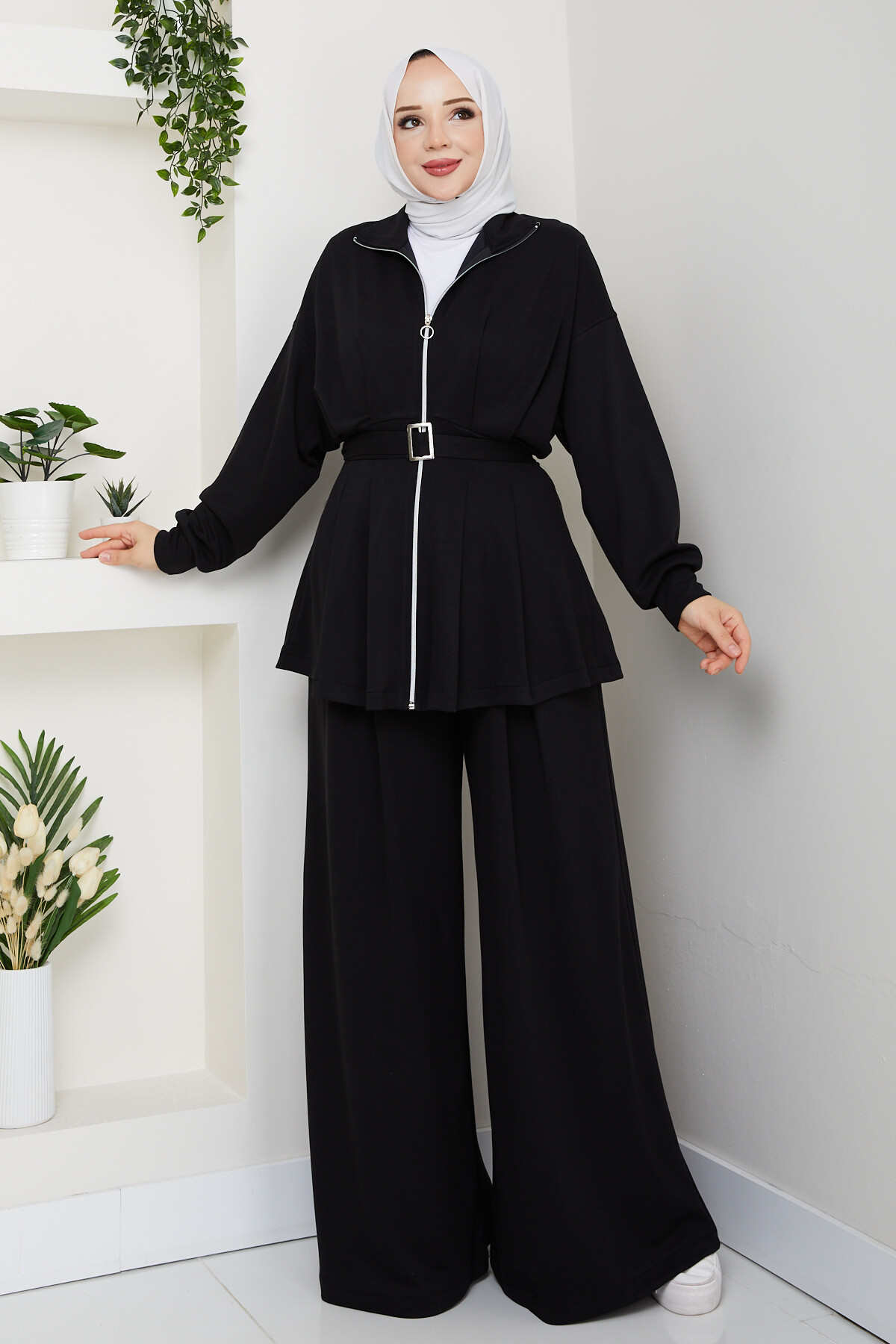 Kemerli Bol Paça Takım Siyah