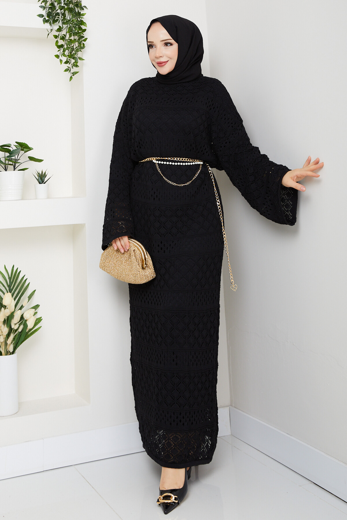 Kemerli Triko Elbise Siyah