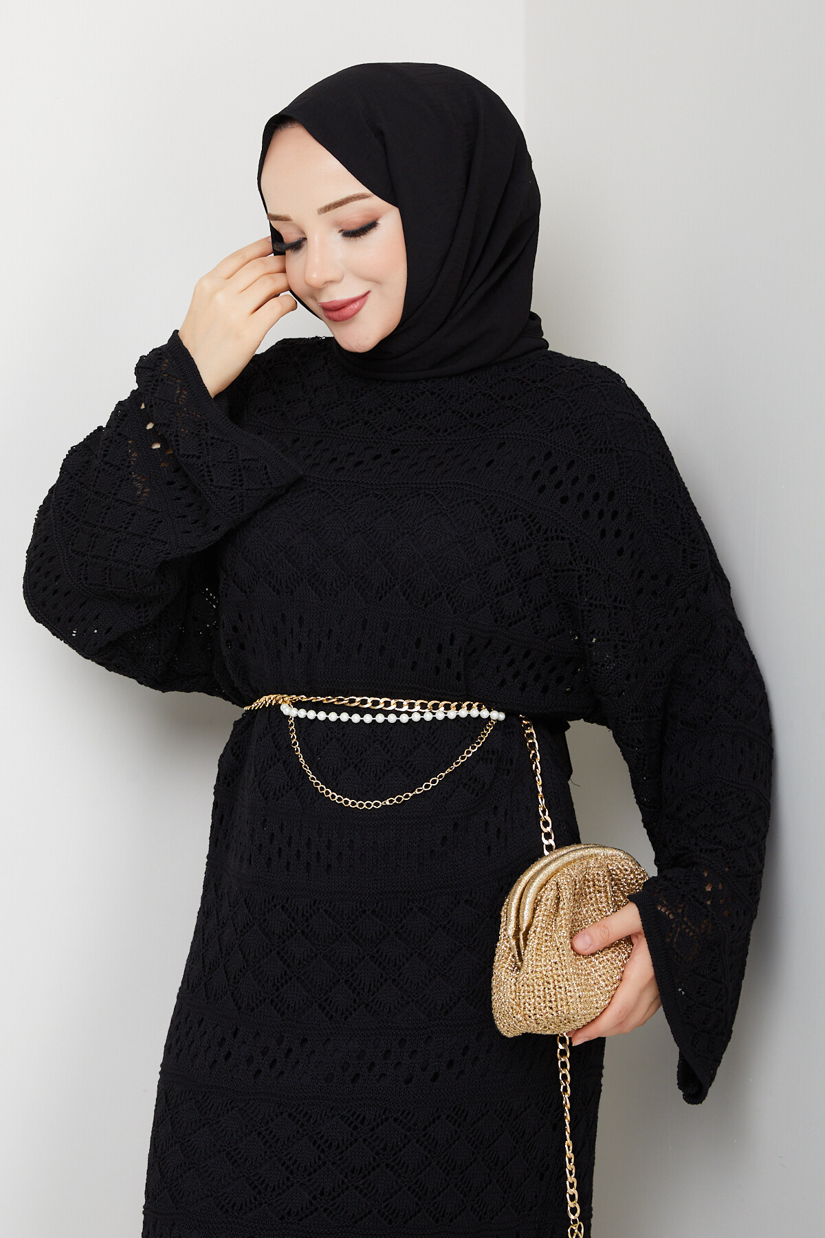 Kemerli Triko Elbise Siyah