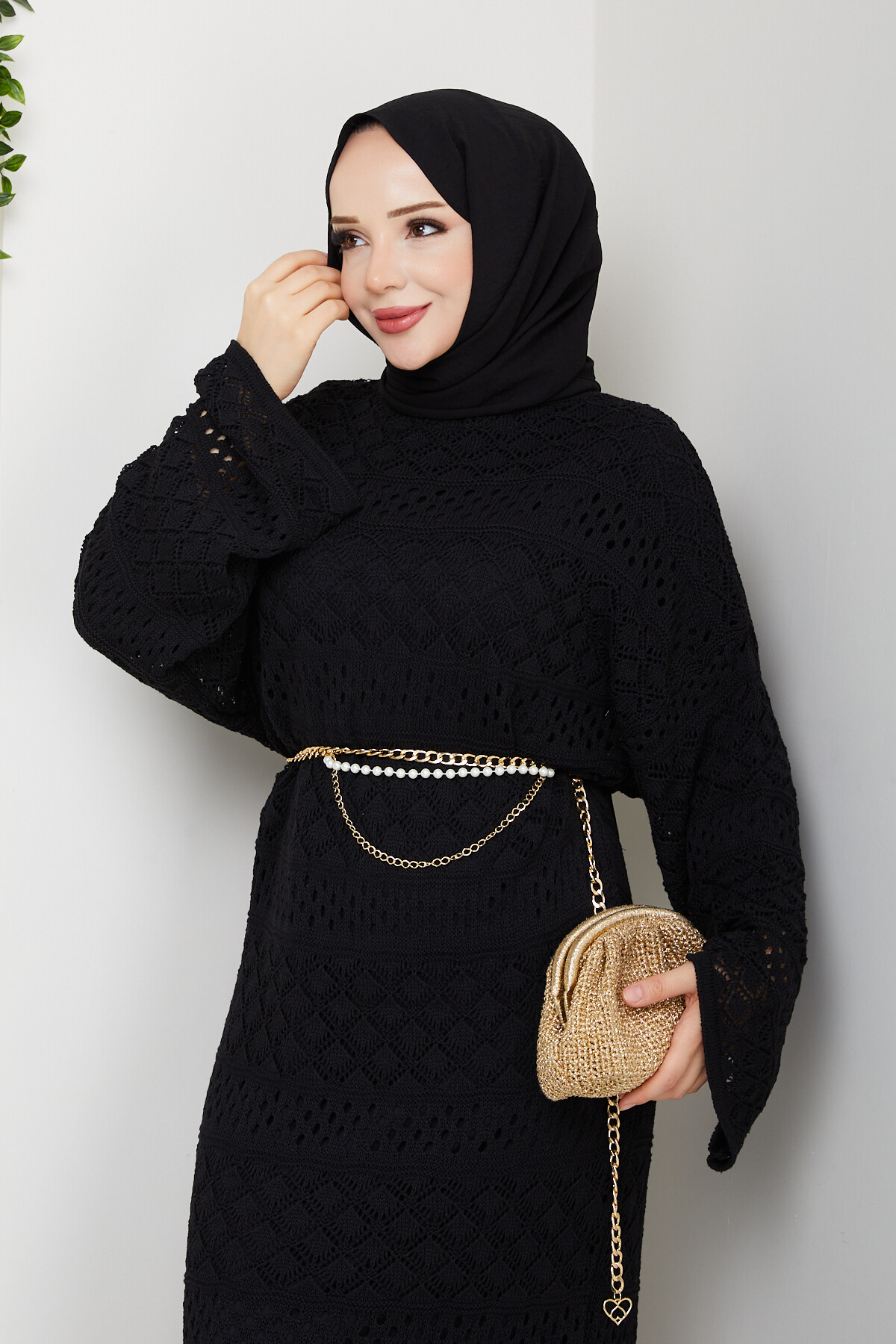 Kemerli Triko Elbise Siyah