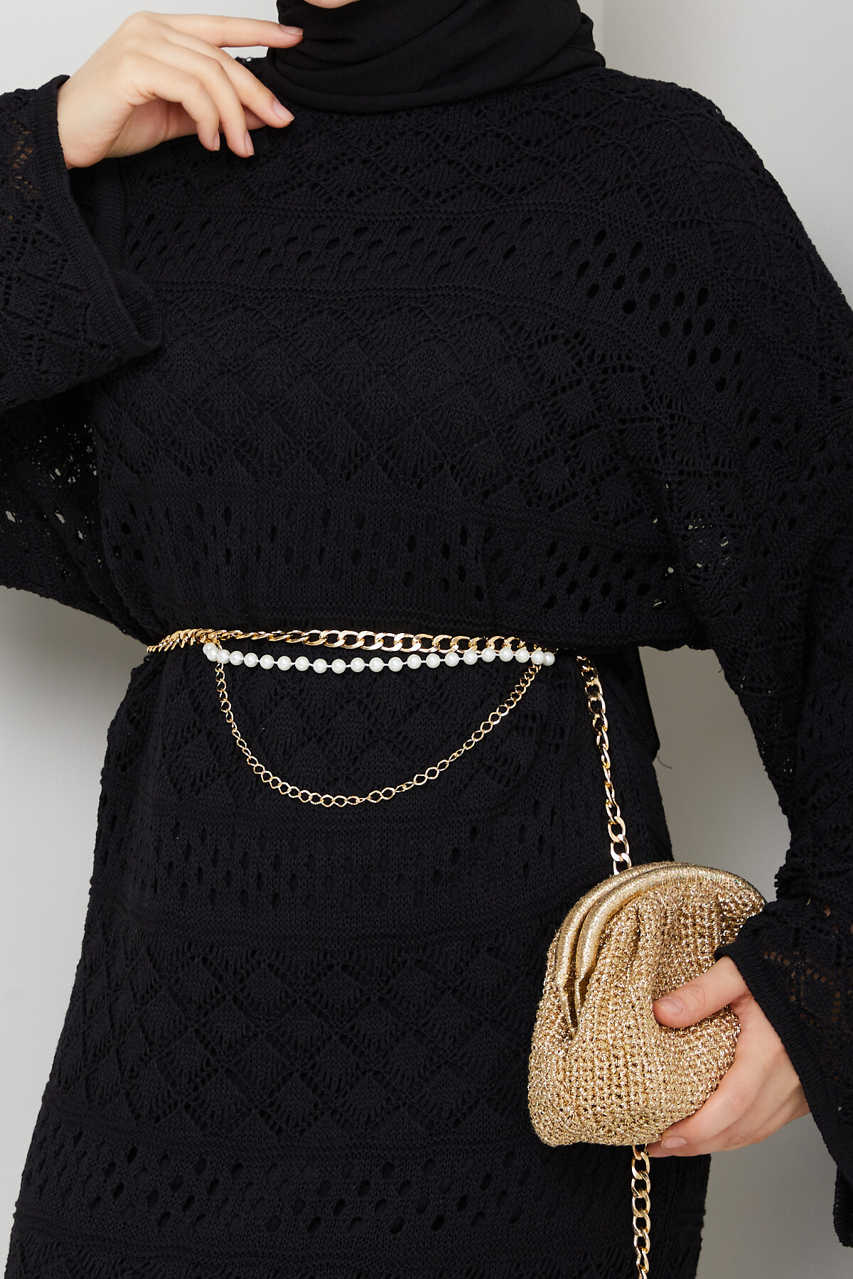 Kemerli Triko Elbise Siyah