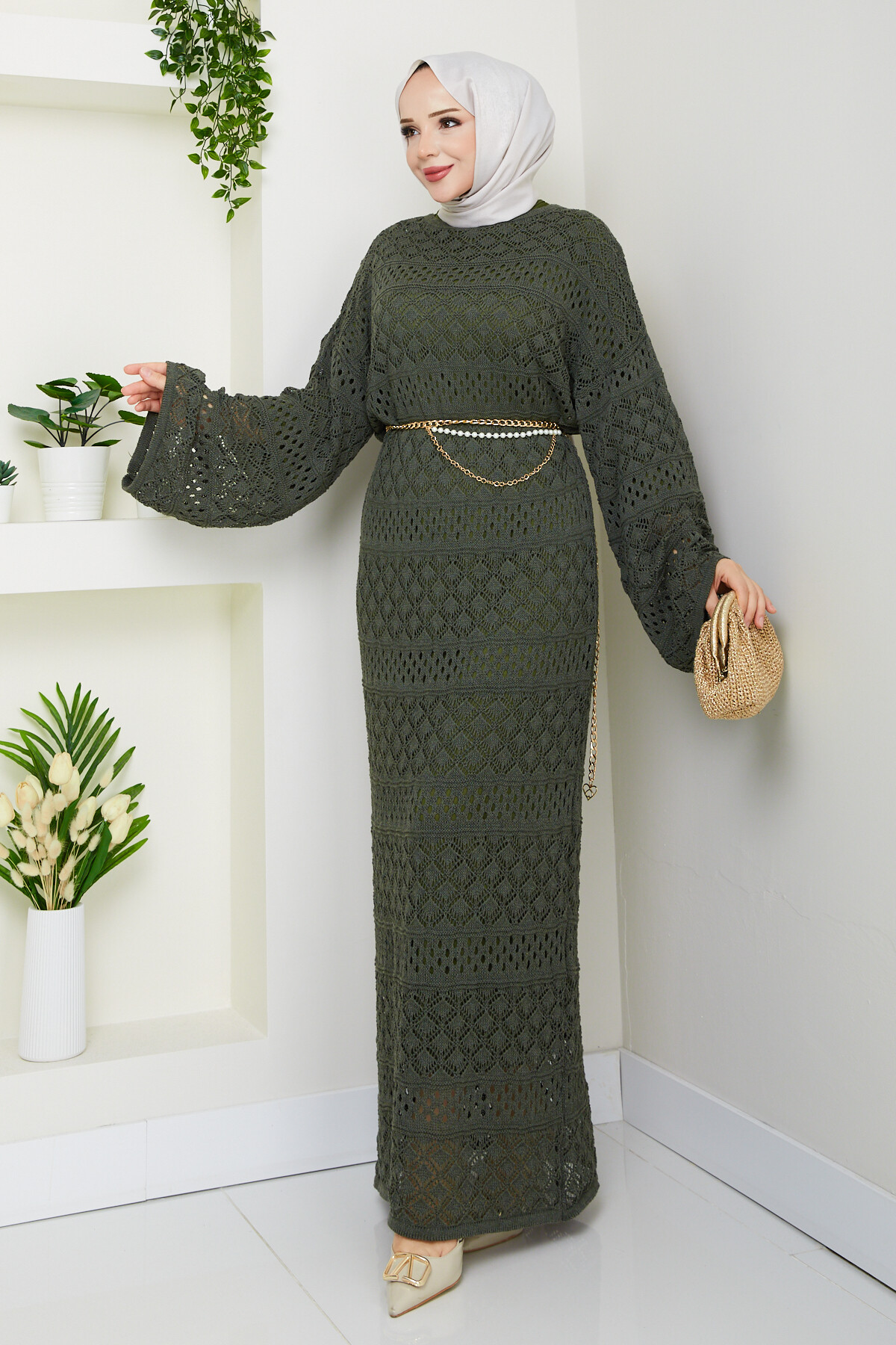 Kemerli Triko Elbise Yeşil