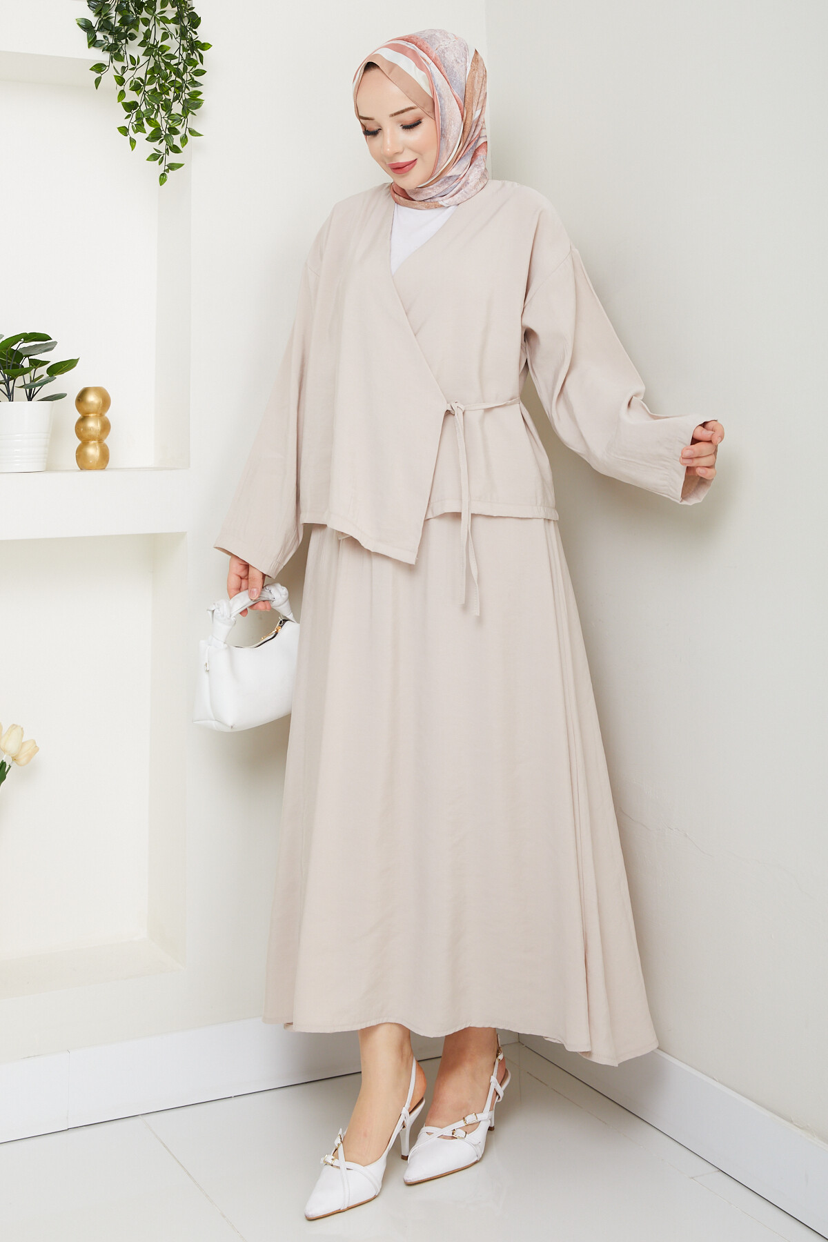 KİMONOLU ETEKLİ TAKIM-KREM