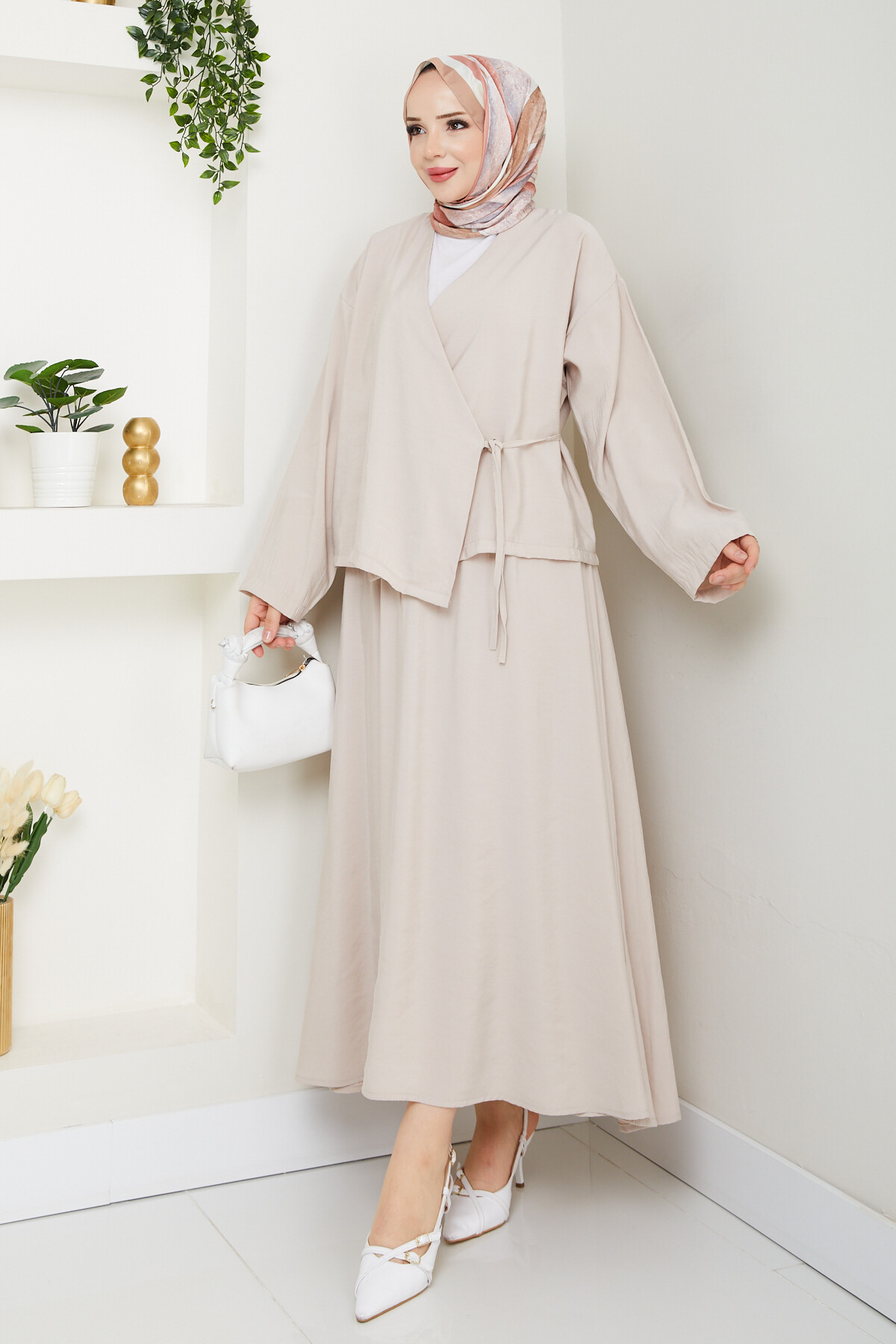 KİMONOLU ETEKLİ TAKIM-KREM