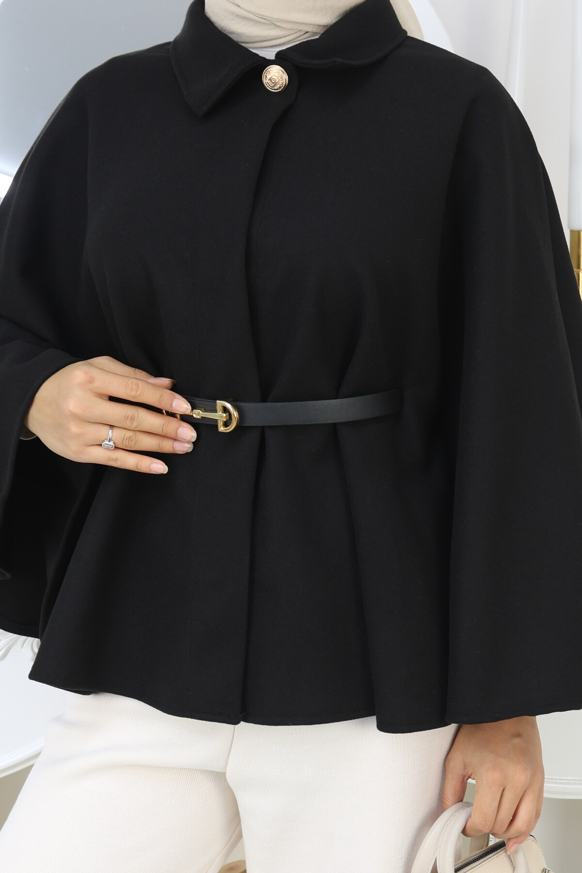 KISA  KEMERLİ PANÇO -SİYAH