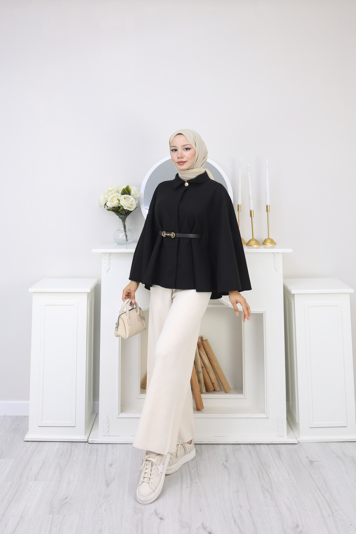 KISA  KEMERLİ PANÇO -SİYAH