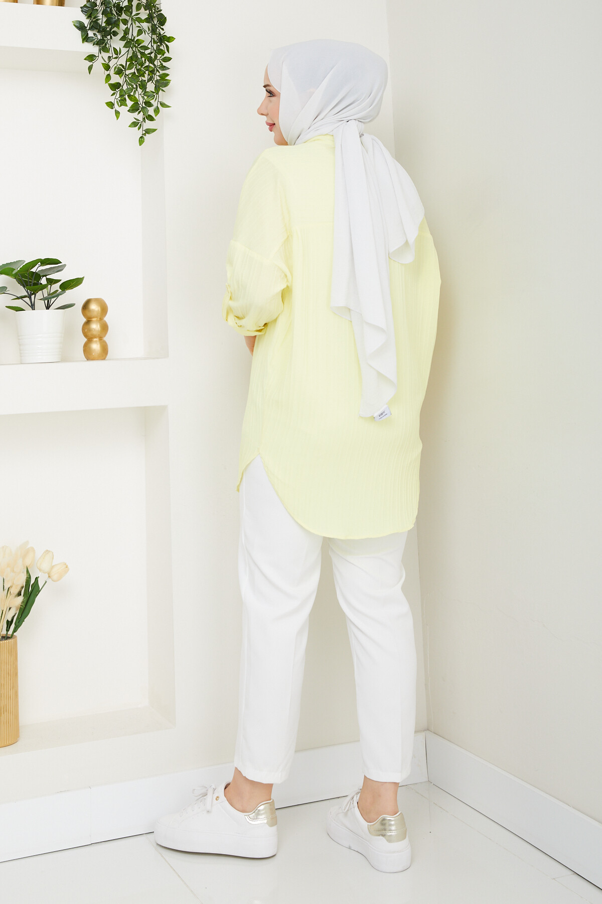 KOL KATLAMALI ŞERİT GÖMLEK KOMBİN-SARI