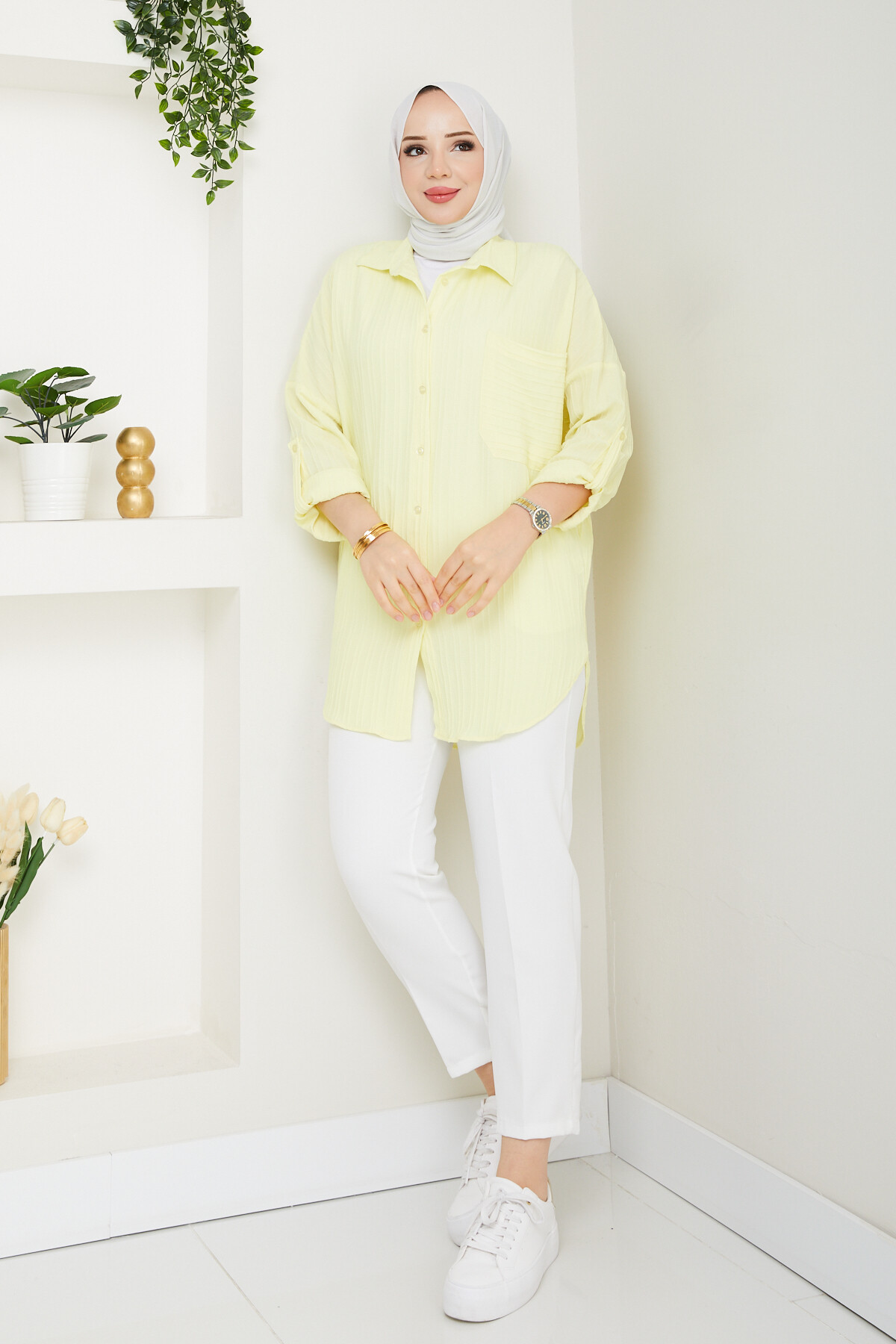 KOL KATLAMALI ŞERİT GÖMLEK KOMBİN-SARI