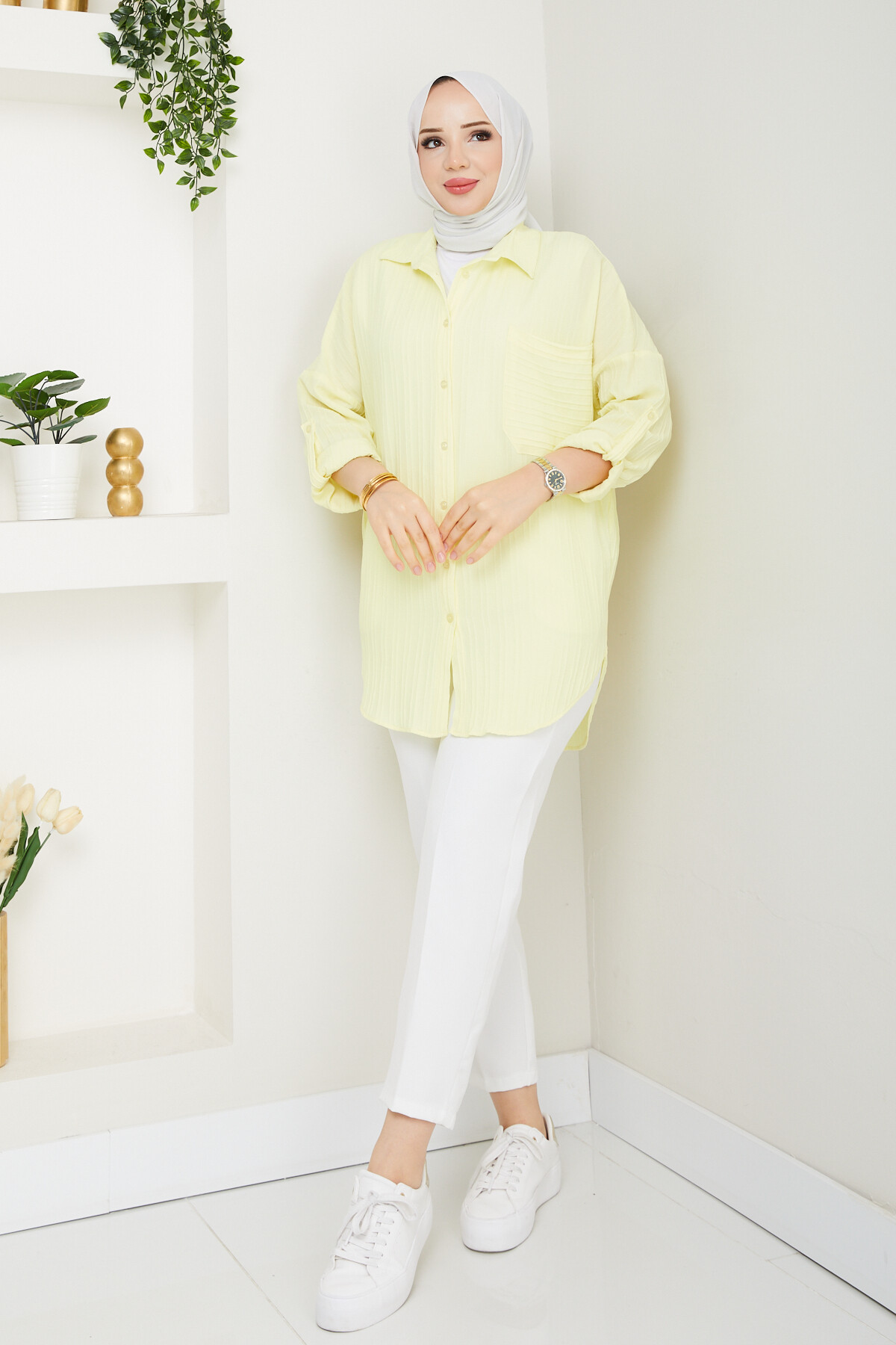 KOL KATLAMALI ŞERİT GÖMLEK KOMBİN-SARI