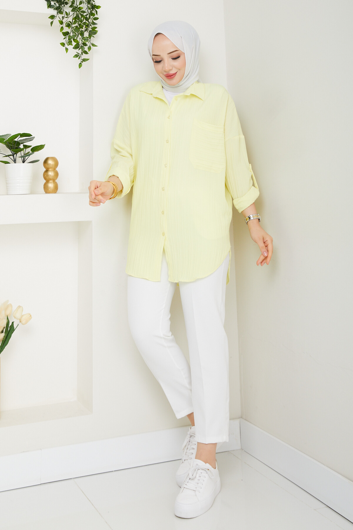 KOL KATLAMALI ŞERİT GÖMLEK KOMBİN-SARI