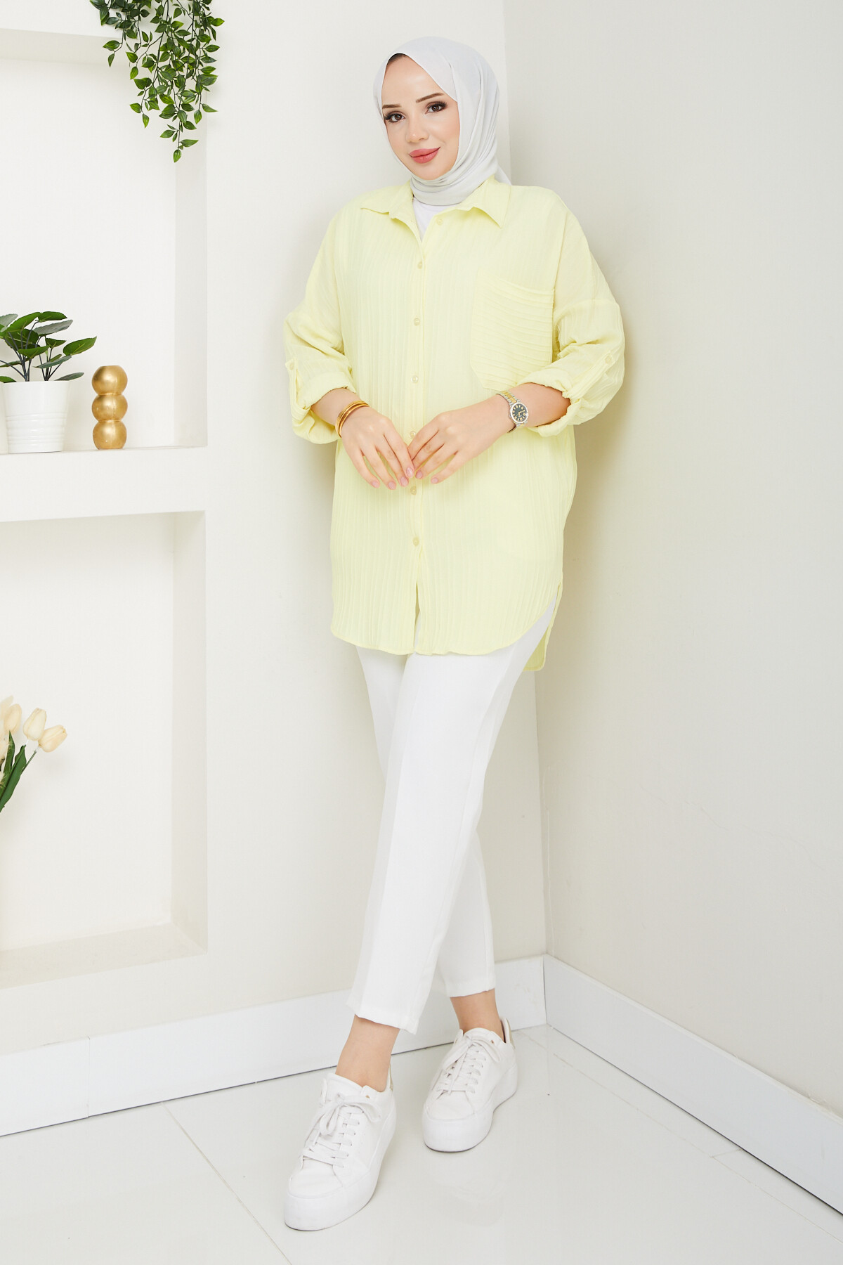 KOL KATLAMALI ŞERİT GÖMLEK KOMBİN-SARI