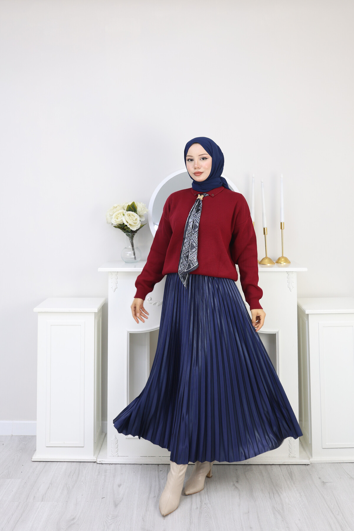 KRAVAT DETAY KAZAK ETEK KOMBİN -BORDO