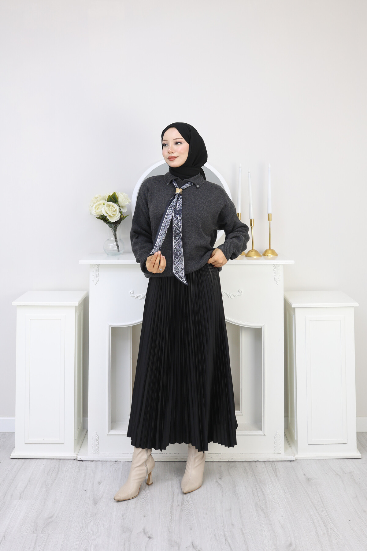 KRAVAT DETAY KAZAK ETEK KOMBİN -FÜME