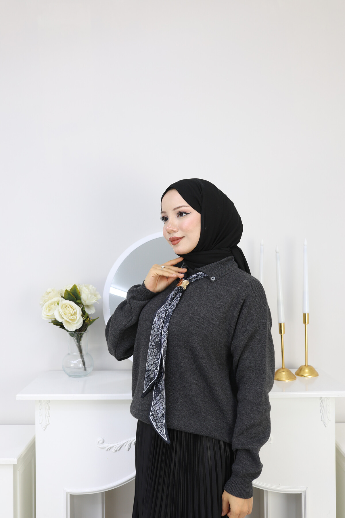 KRAVAT DETAY KAZAK ETEK KOMBİN -FÜME