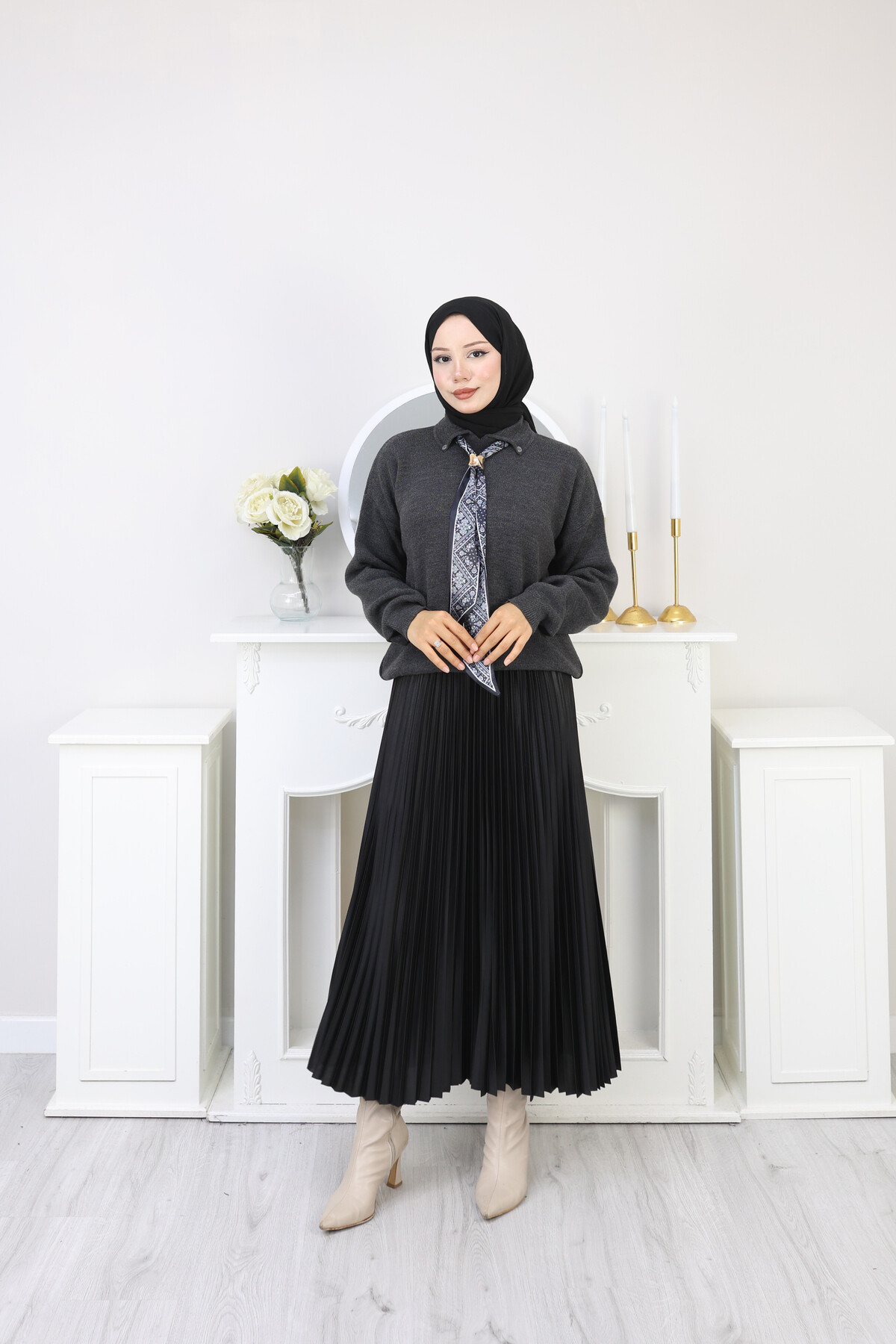 KRAVAT DETAY KAZAK ETEK KOMBİN -FÜME