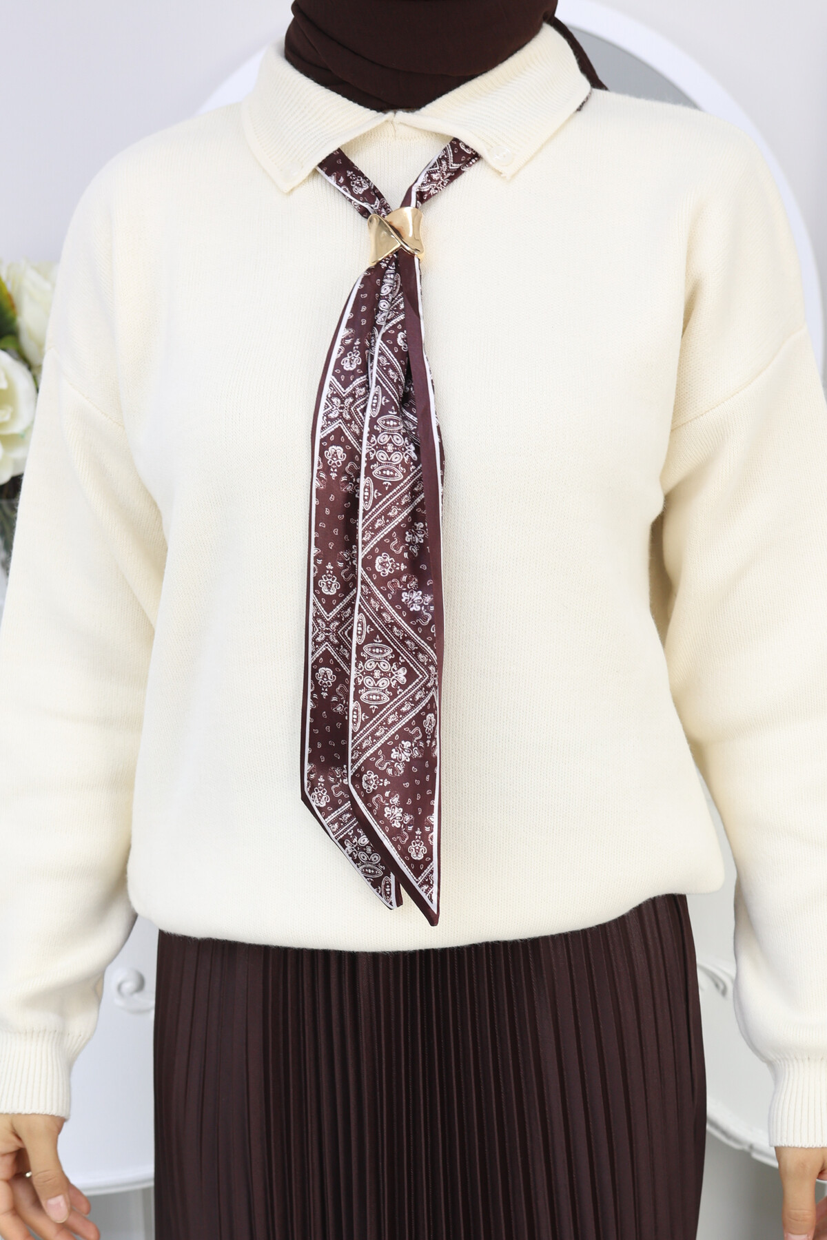 KRAVAT DETAY KAZAK ETEK KOMBİN -KREM