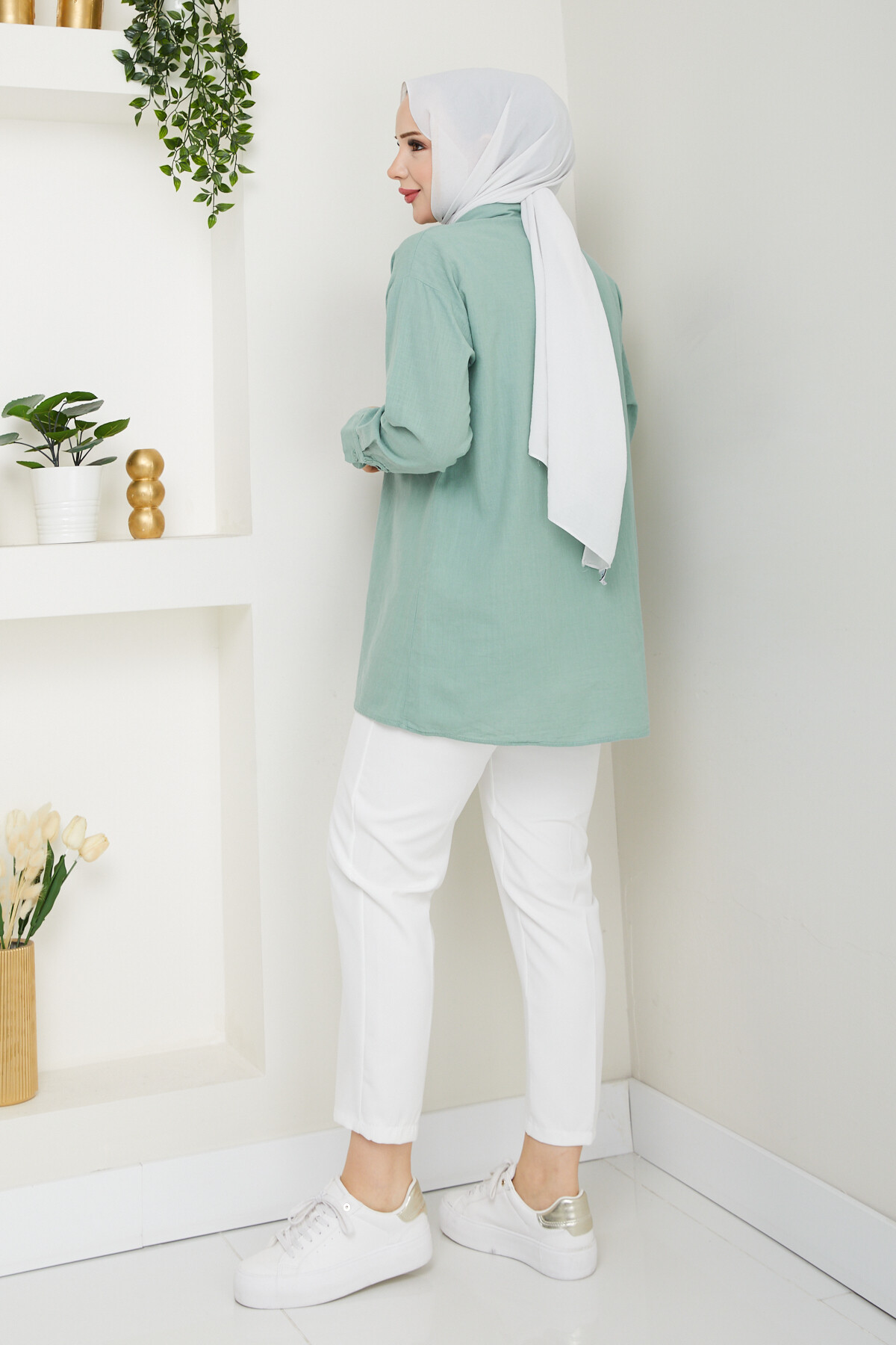 KRMT TEK CEPLİ KETEN GÖMLEK-TURKUAZ