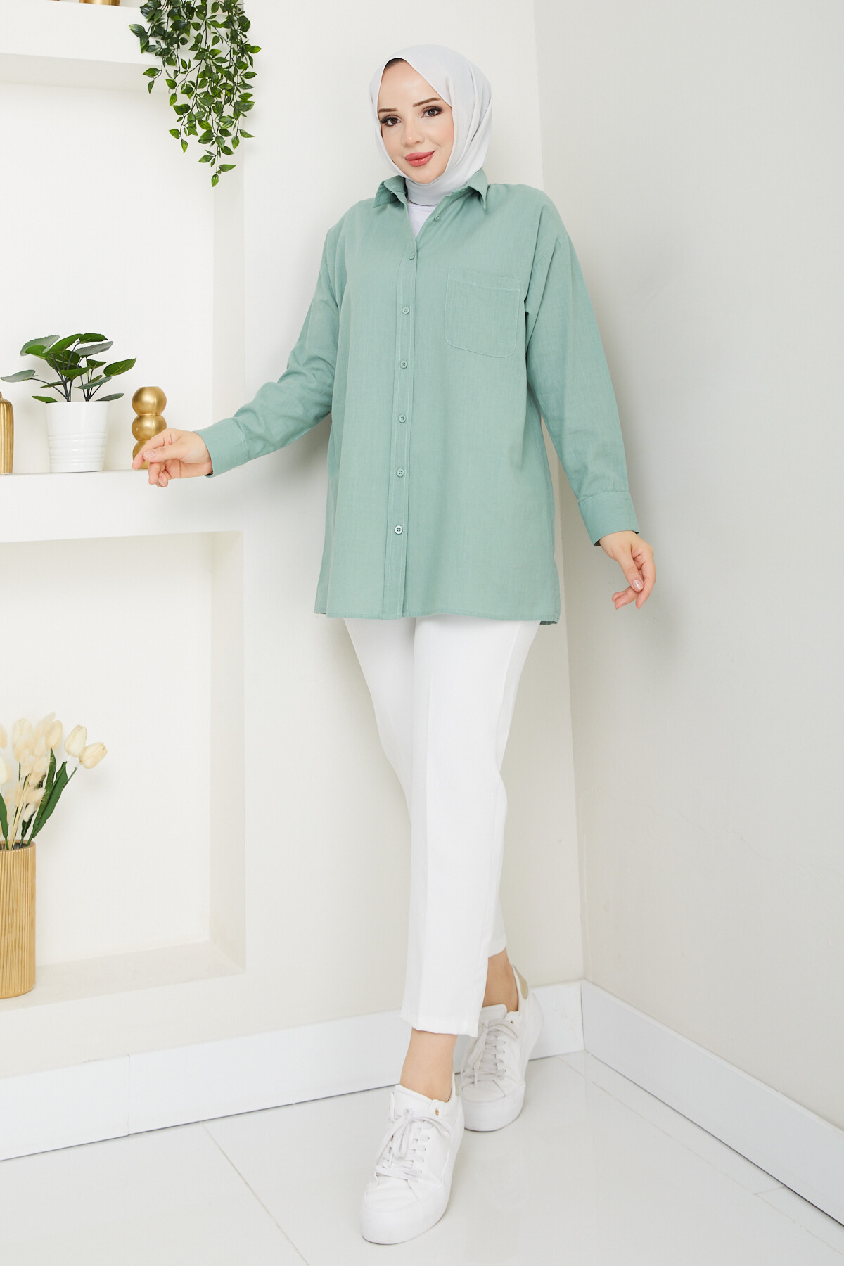 KRMT TEK CEPLİ KETEN GÖMLEK-TURKUAZ