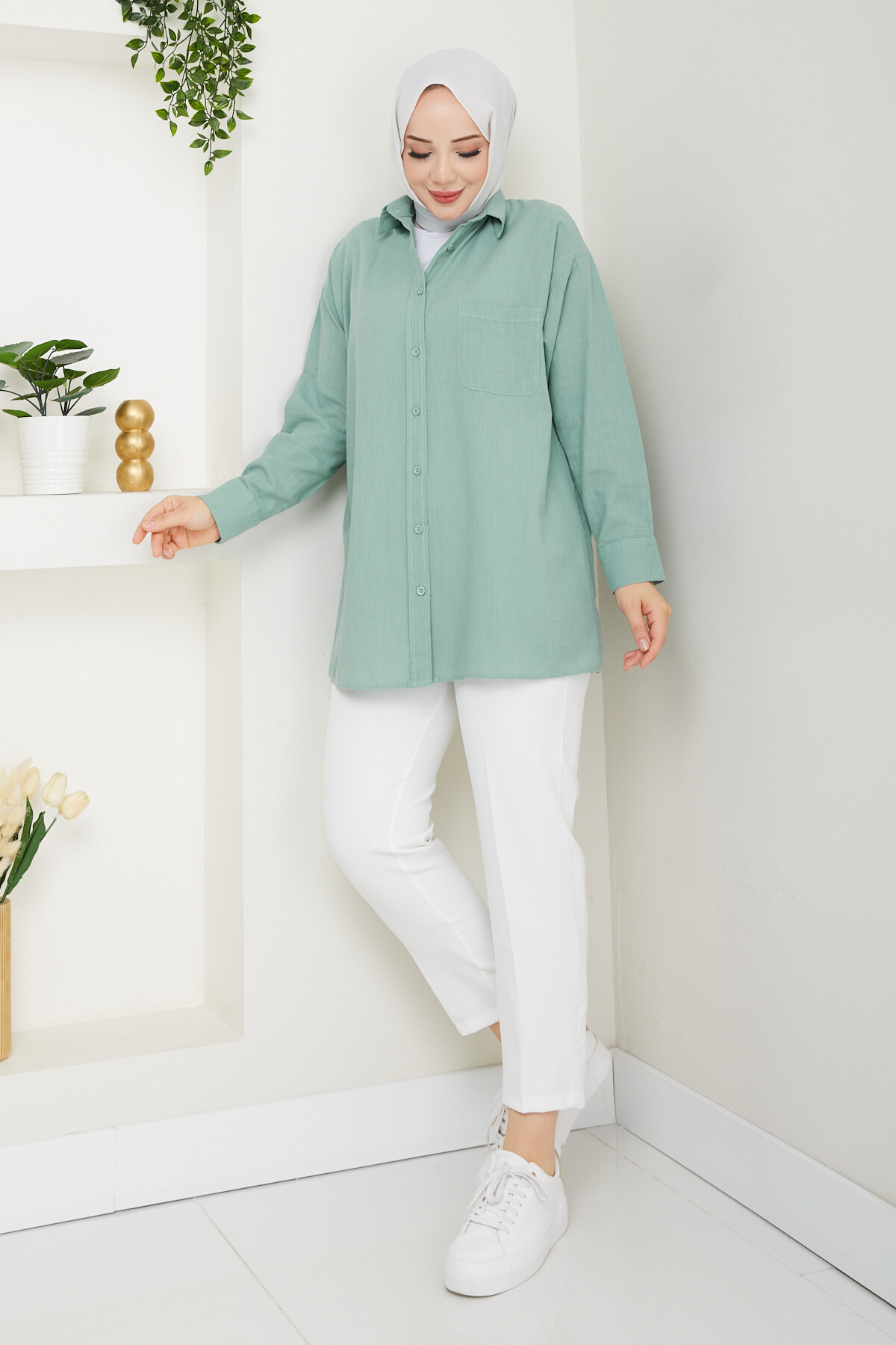 KRMT TEK CEPLİ KETEN GÖMLEK-TURKUAZ