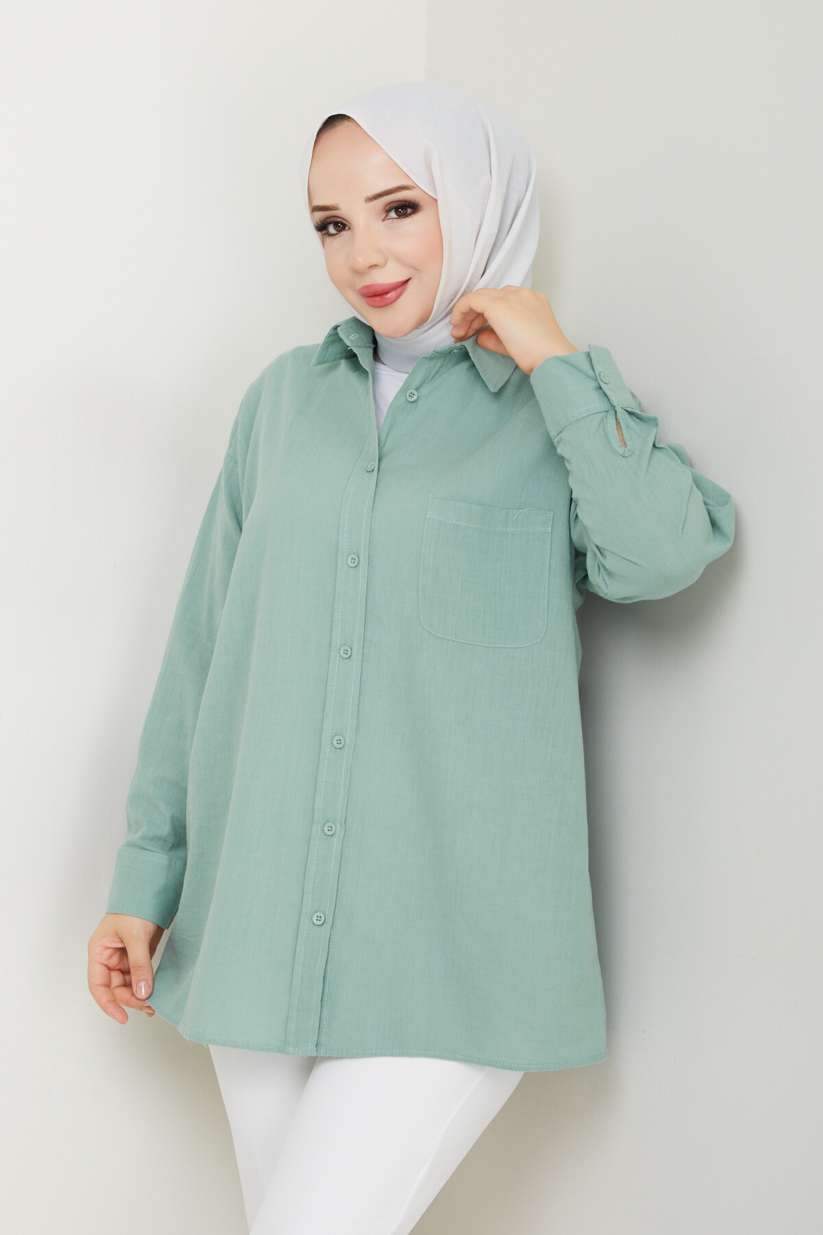 KRMT TEK CEPLİ KETEN GÖMLEK-TURKUAZ