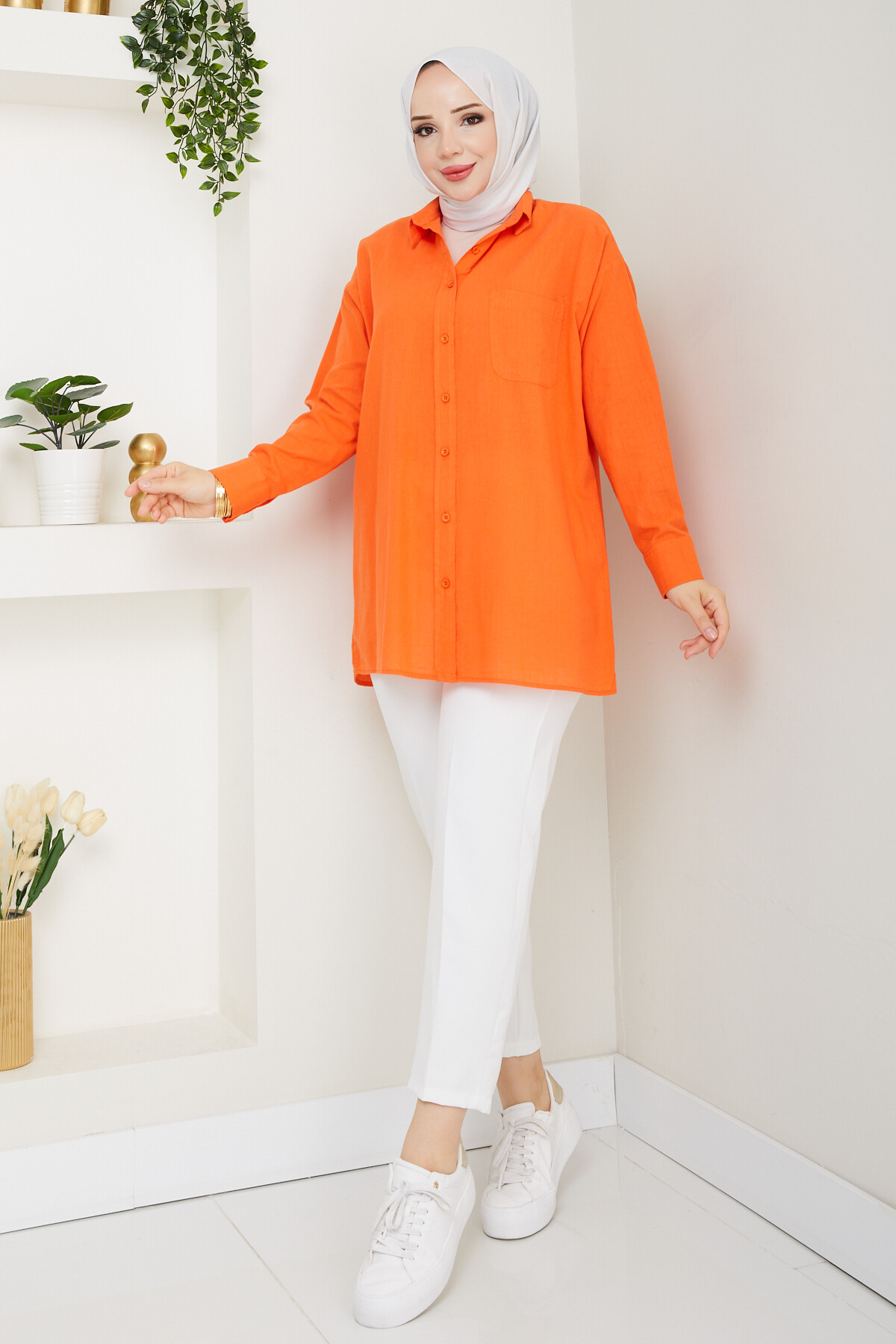 KRMT TEK CEPLİ KETEN GÖMLEK-TURUNCU