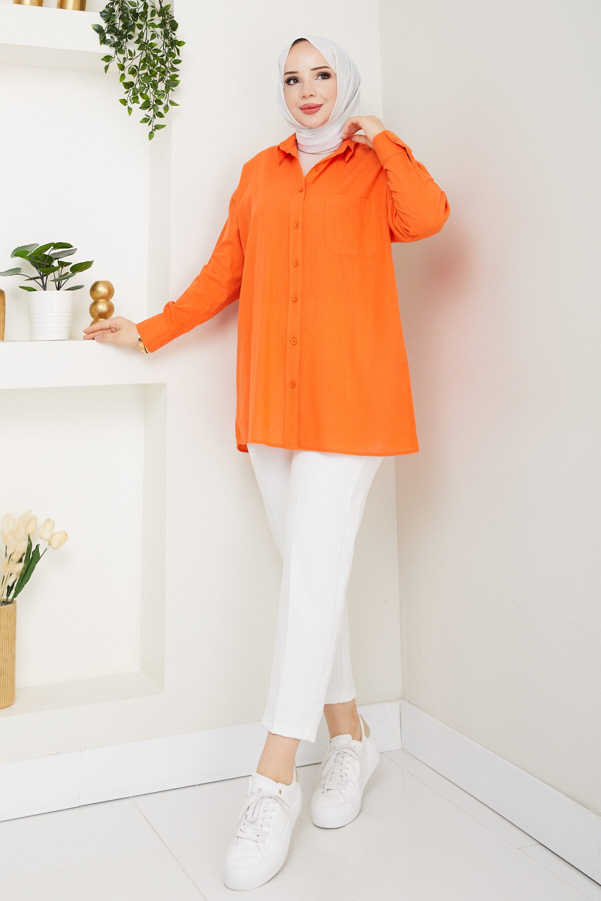 KRMT TEK CEPLİ KETEN GÖMLEK-TURUNCU