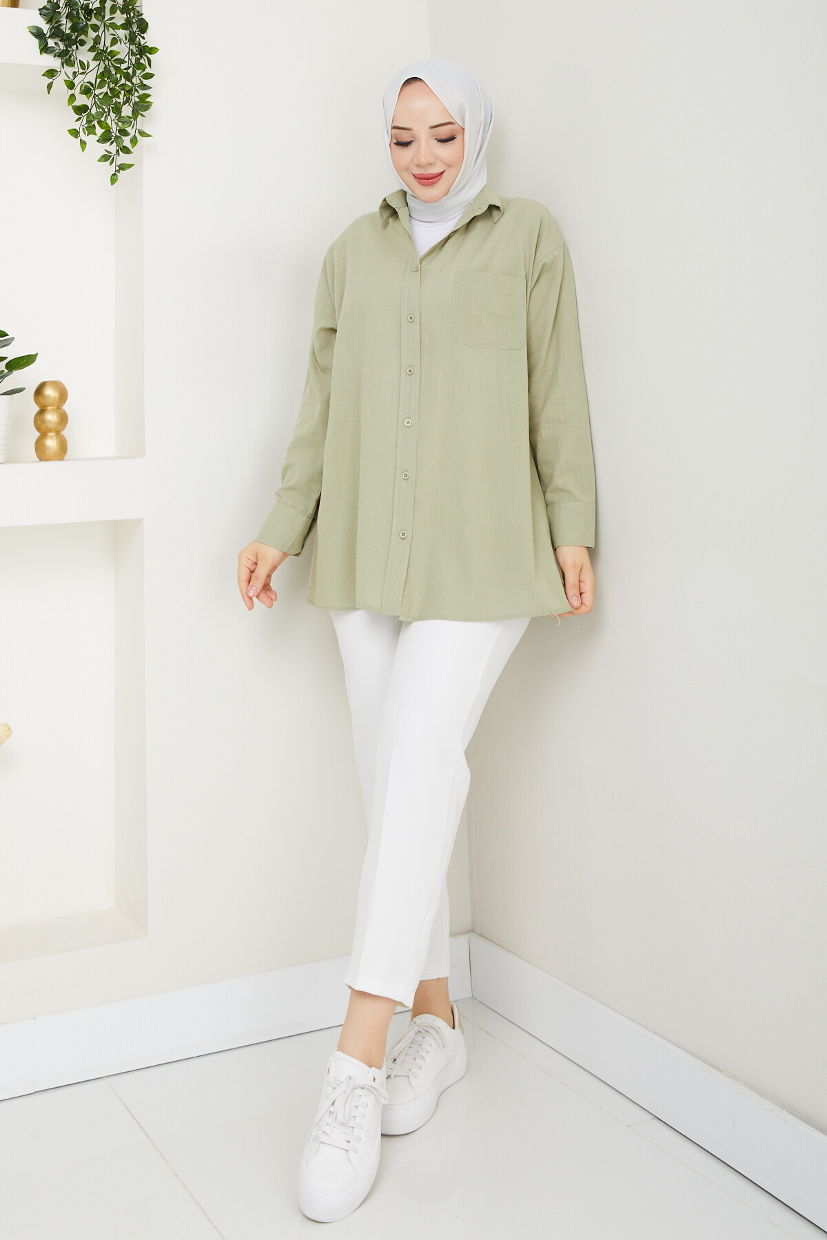 KRMT TEK CEPLİ KETEN GÖMLEK-YEŞİL