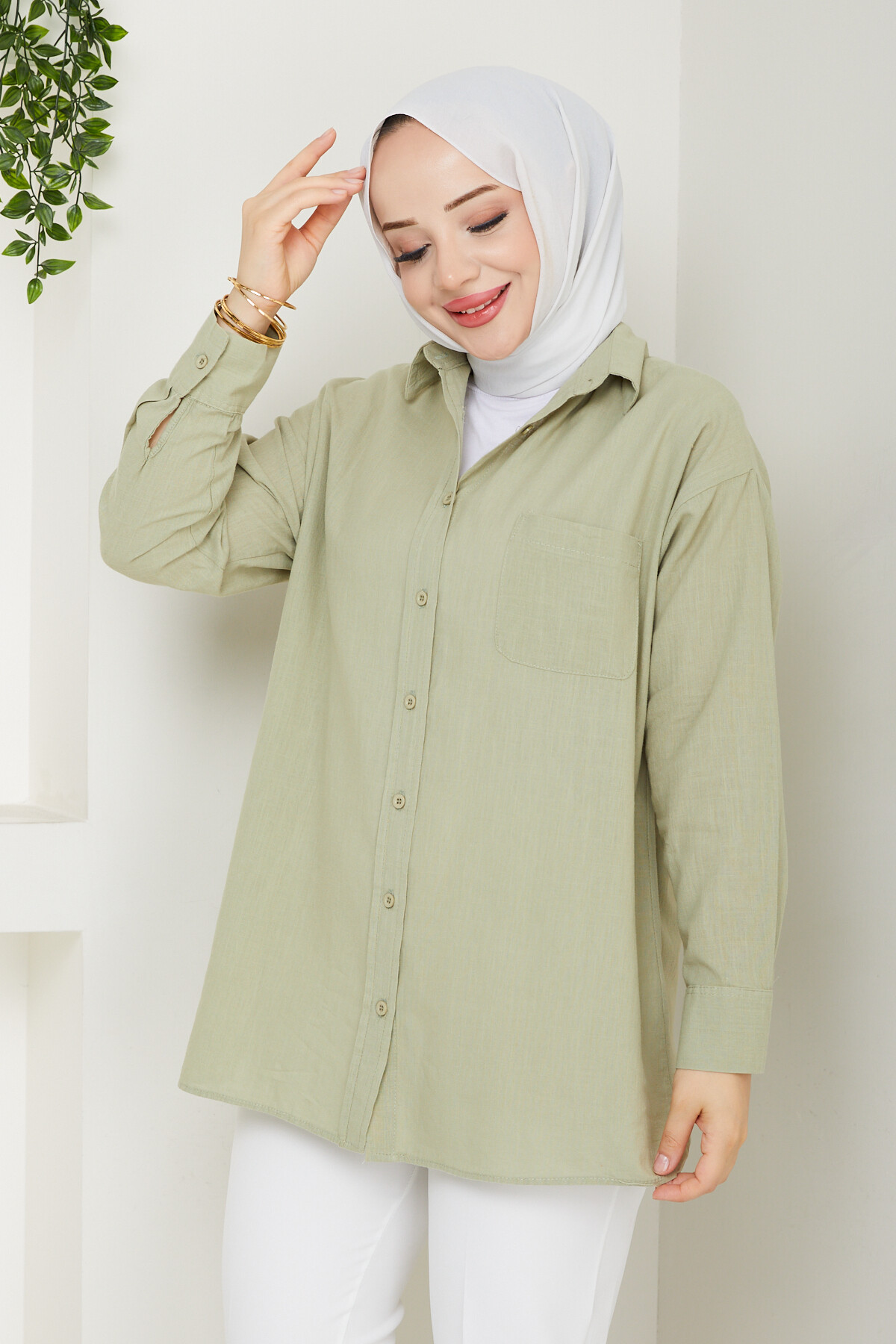 KRMT TEK CEPLİ KETEN GÖMLEK-YEŞİL