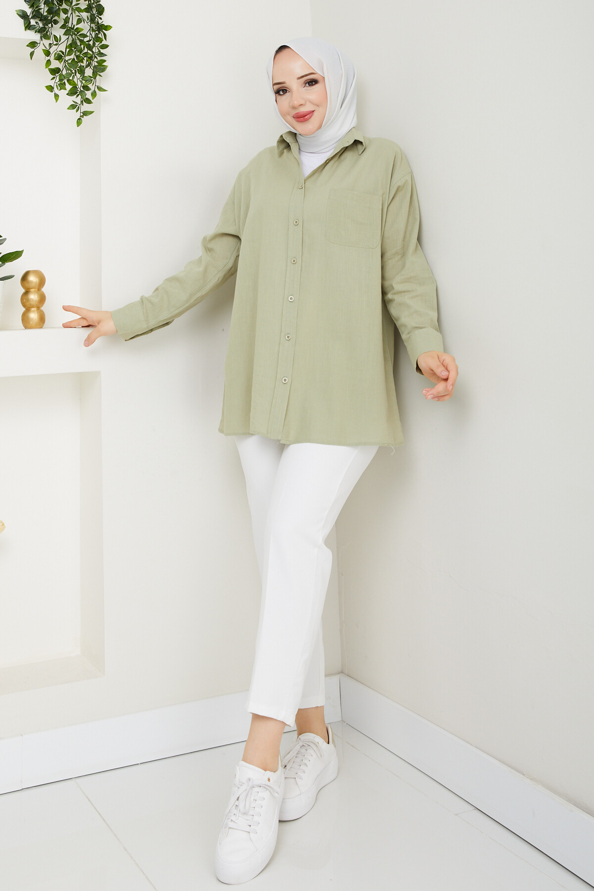 KRMT TEK CEPLİ KETEN GÖMLEK-YEŞİL