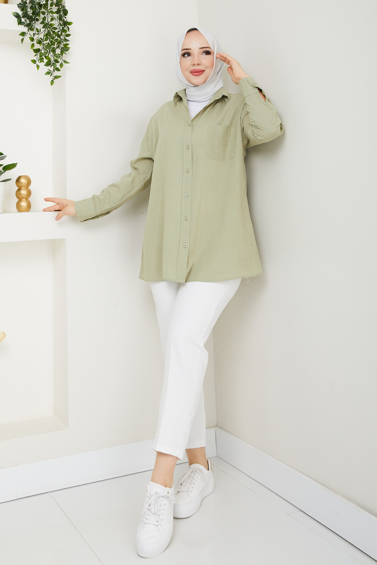 KRMT TEK CEPLİ KETEN GÖMLEK-YEŞİL