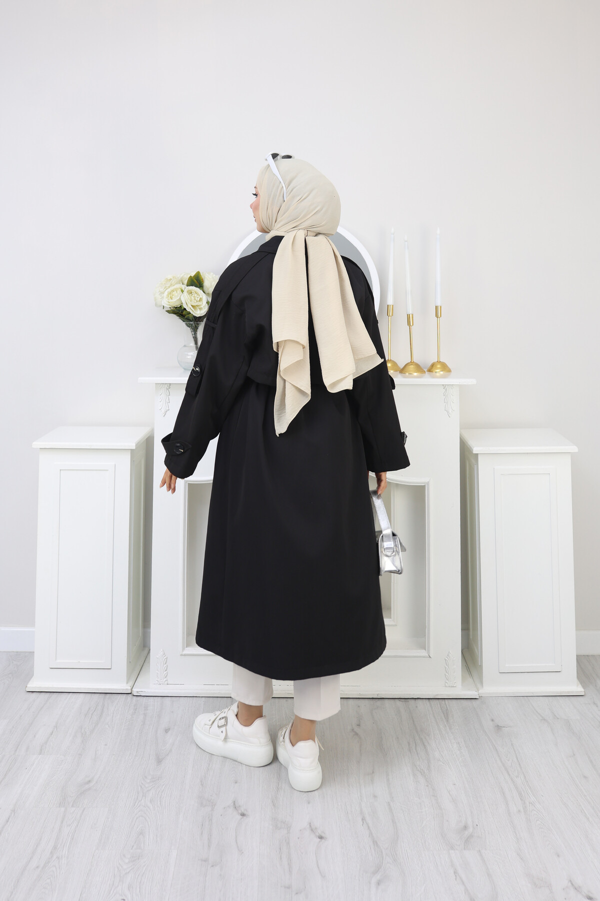 KUKUŞAKLI UZUN TRENÇKOT-SİYAH