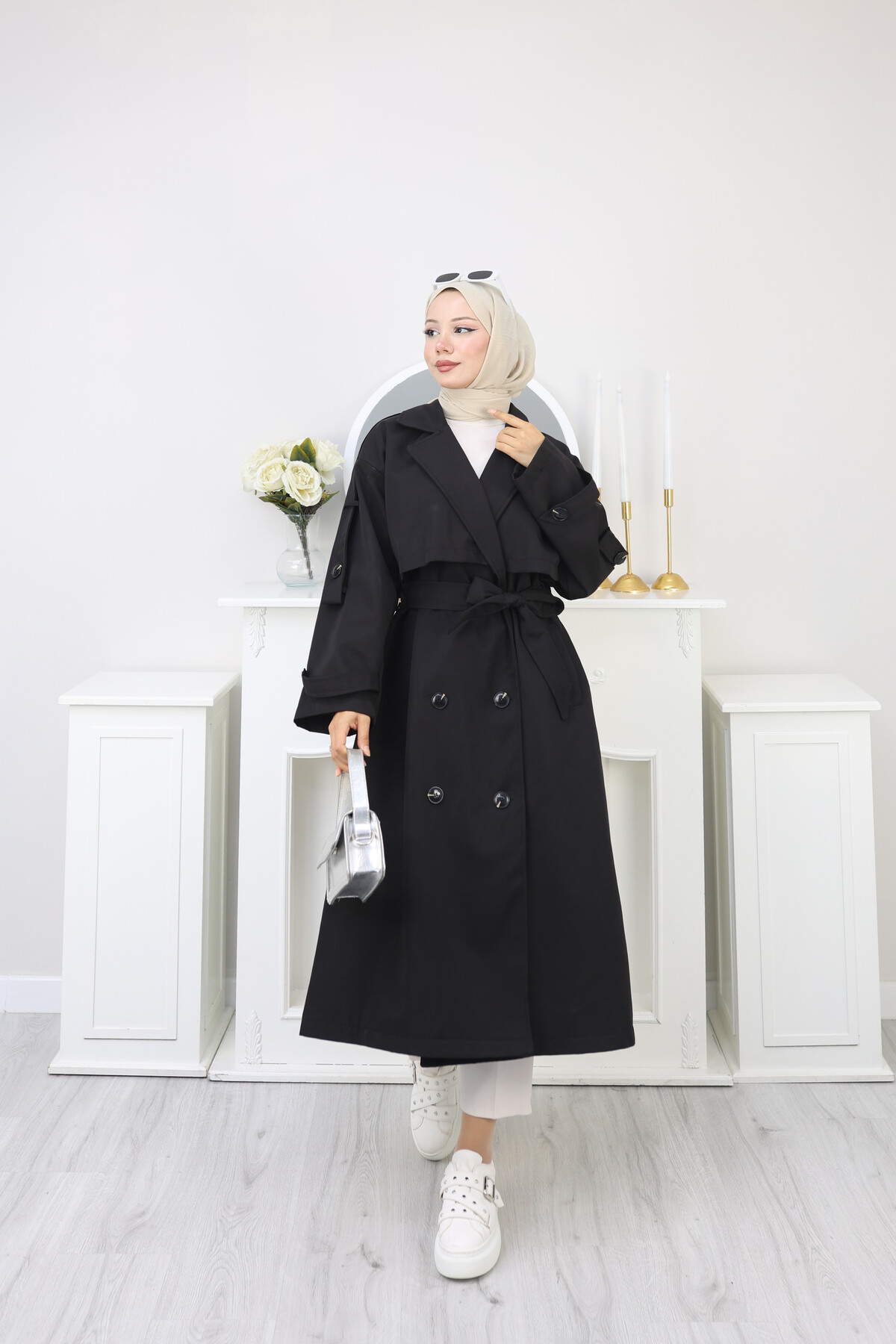 KUKUŞAKLI UZUN TRENÇKOT-SİYAH