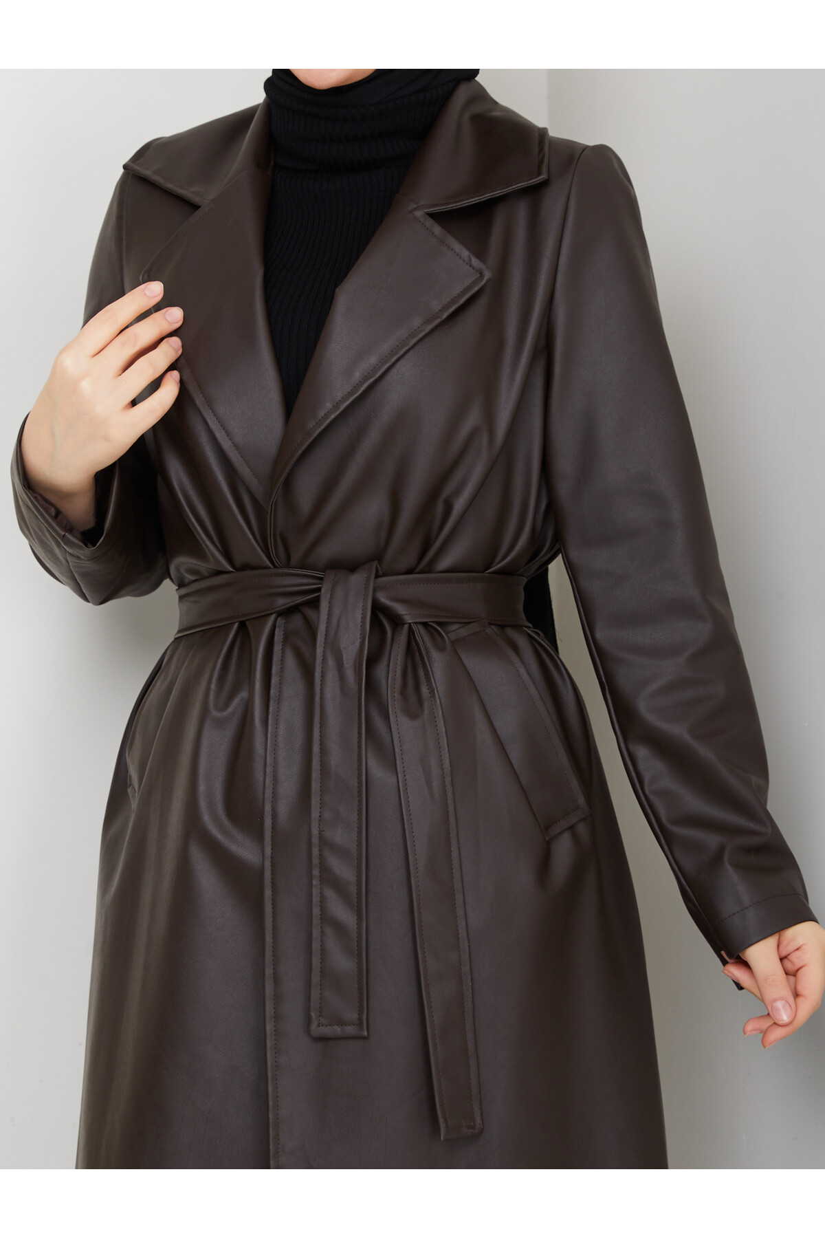 KUŞAKLI  UZUN DERİ TRENÇ - ACI KAHVE