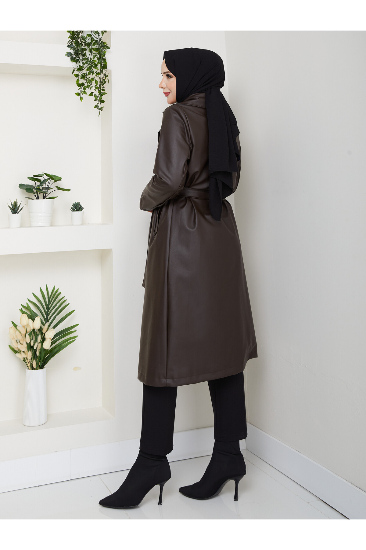 KUŞAKLI  UZUN DERİ TRENÇ - ACI KAHVE