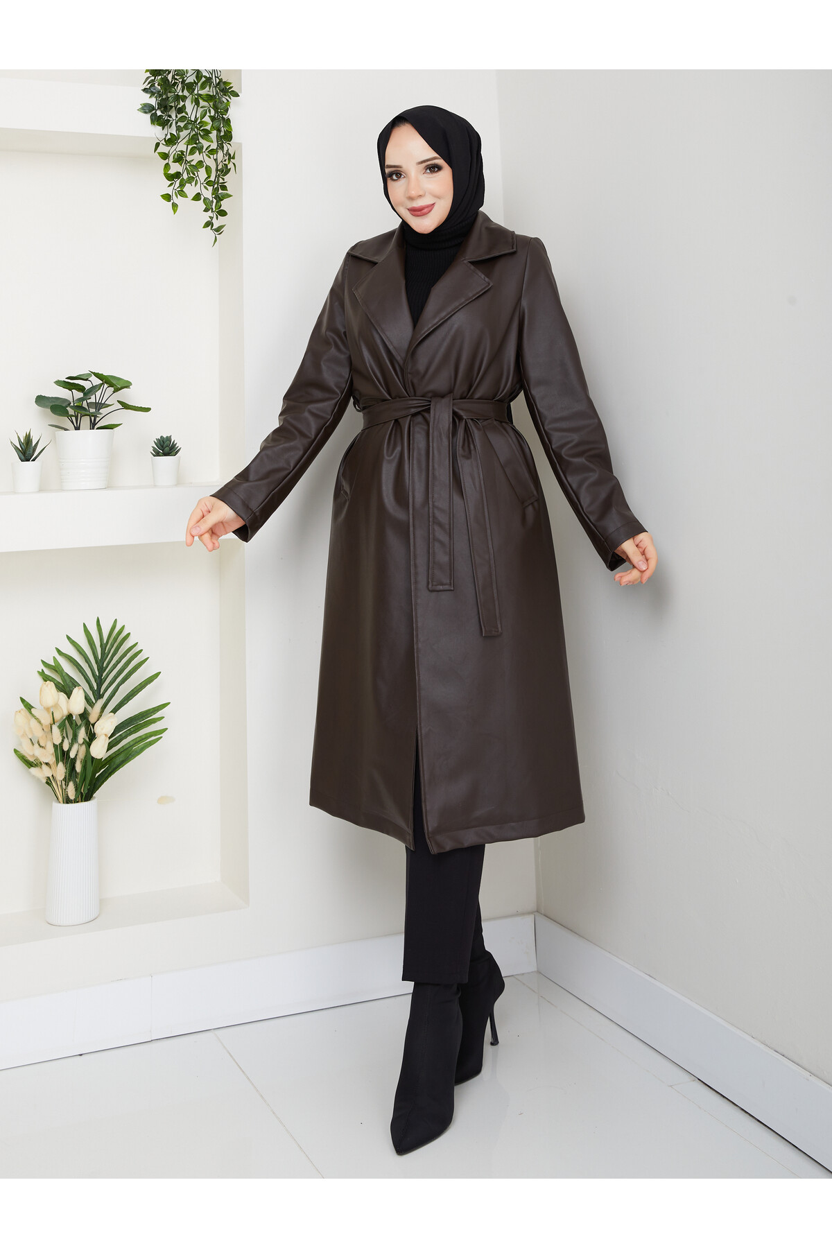 KUŞAKLI  UZUN DERİ TRENÇ - ACI KAHVE