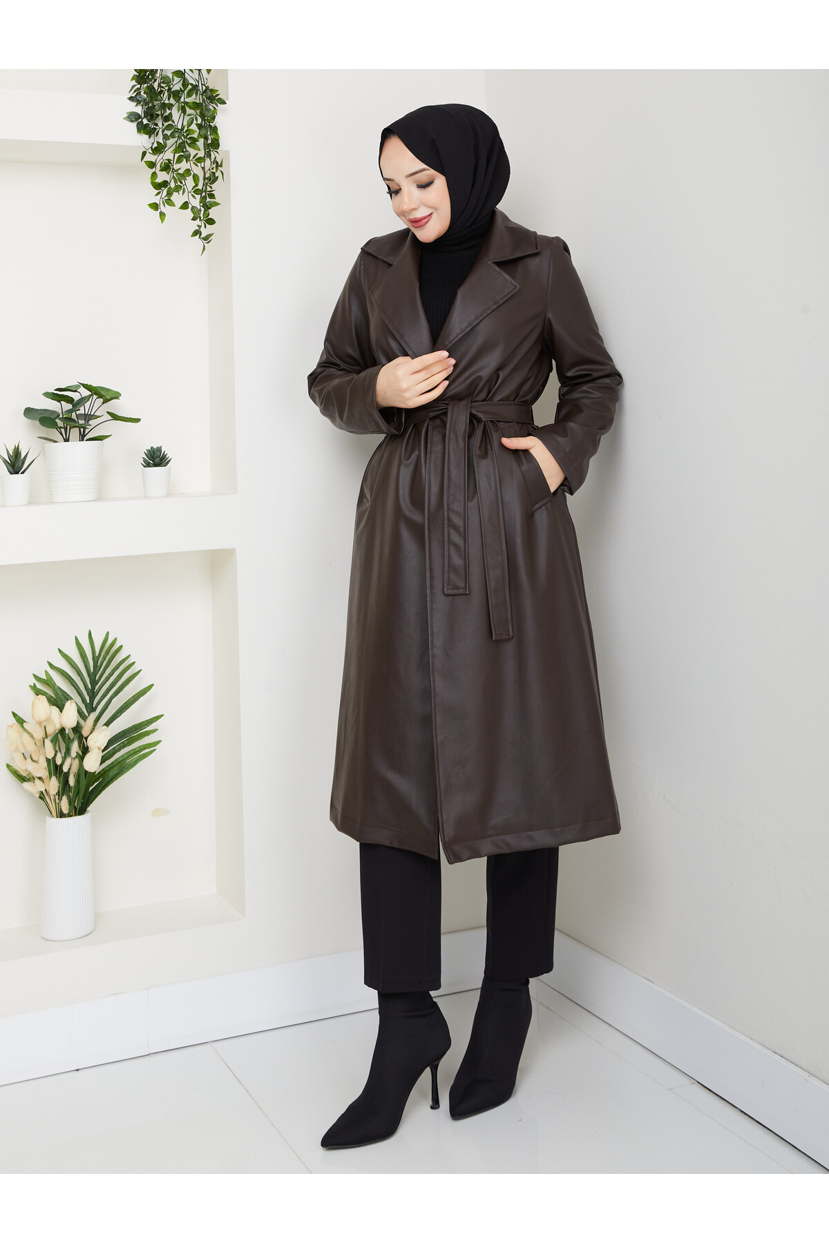 KUŞAKLI  UZUN DERİ TRENÇ - ACI KAHVE