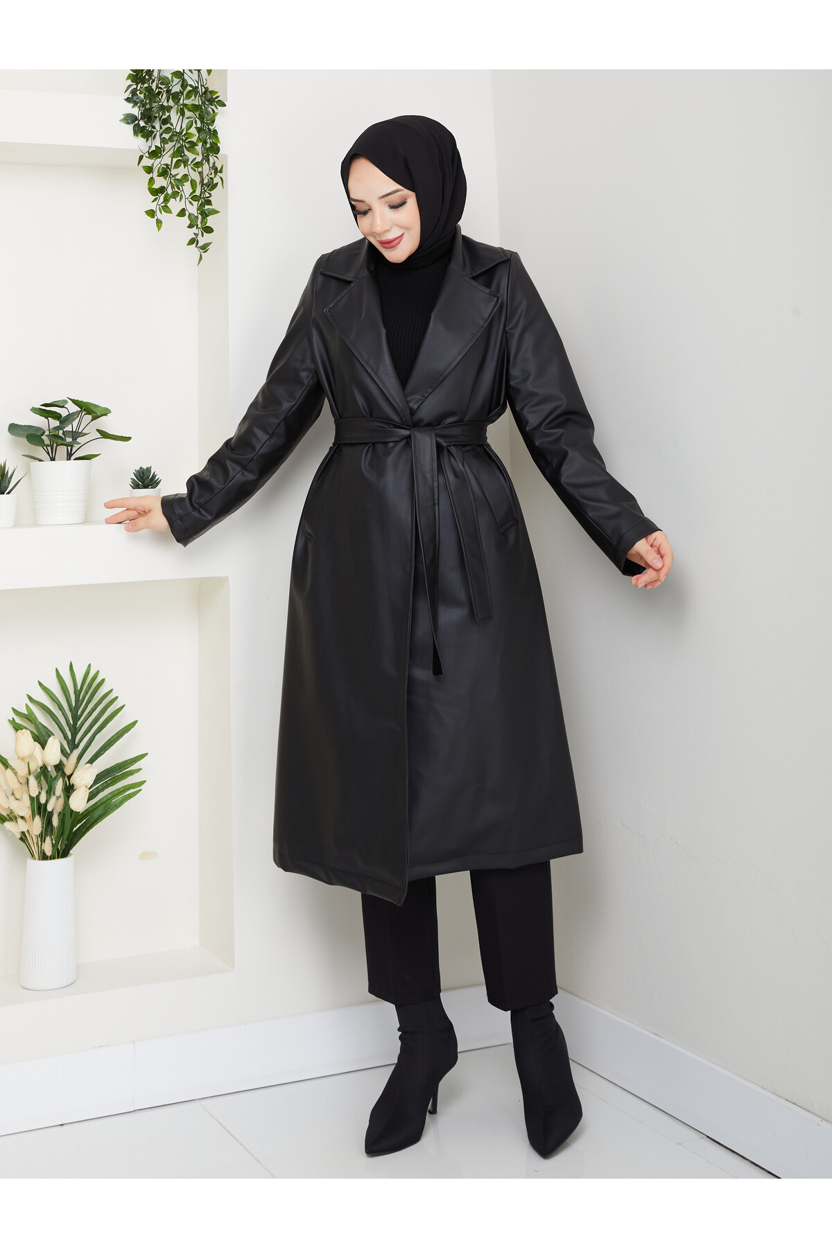 KUŞAKLI  UZUN DERİ TRENÇ - SİYAH