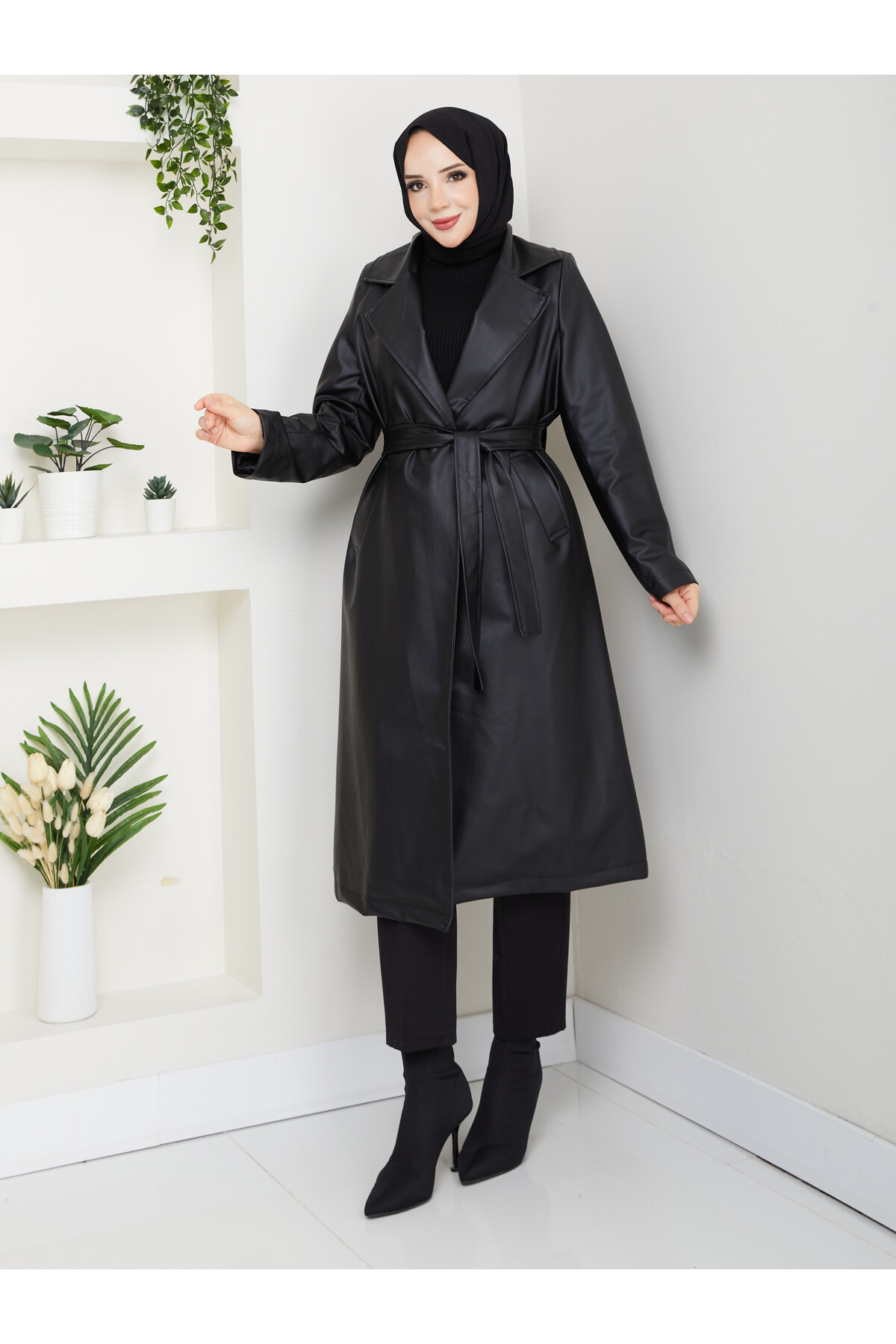 KUŞAKLI  UZUN DERİ TRENÇ - SİYAH