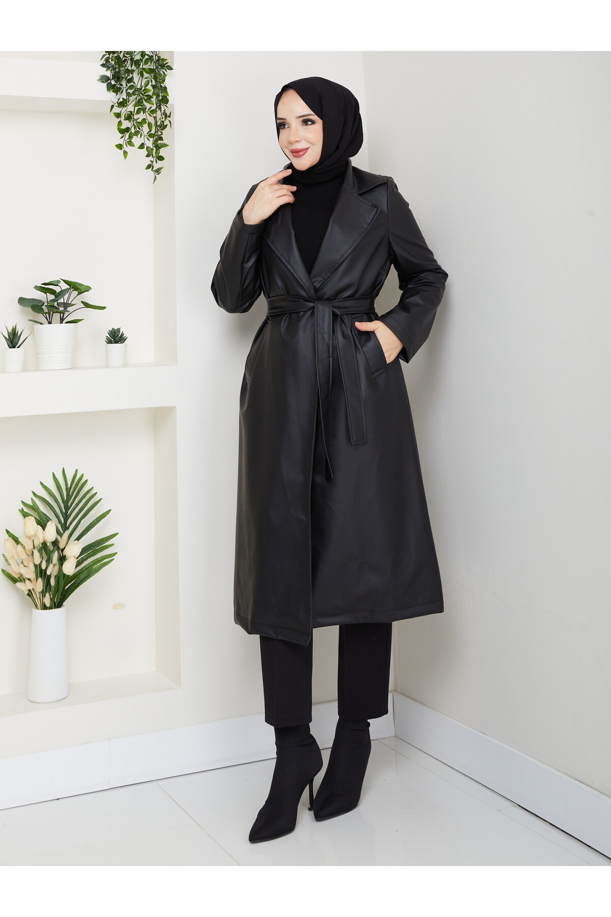 KUŞAKLI  UZUN DERİ TRENÇ - SİYAH