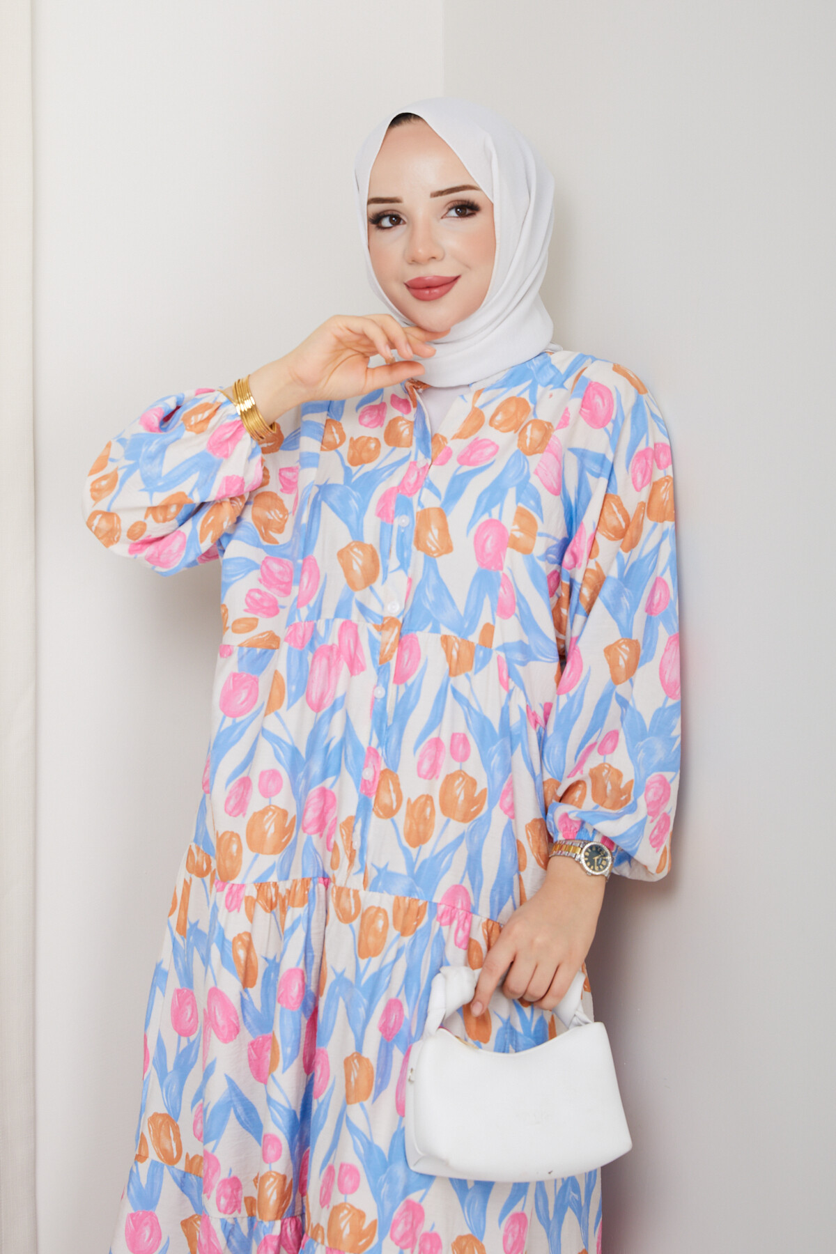 LALE DESEN ELBİSE-MAVİ