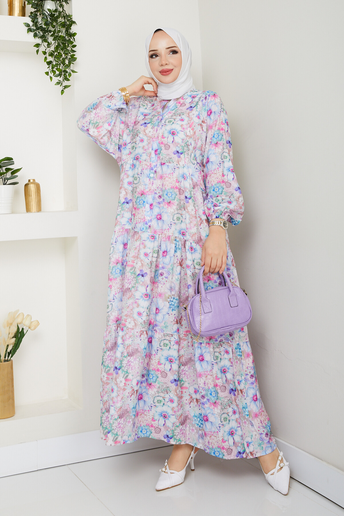 MANGO KÜÇÜK DESENLİ SALAŞ ELBİSE-LİLA