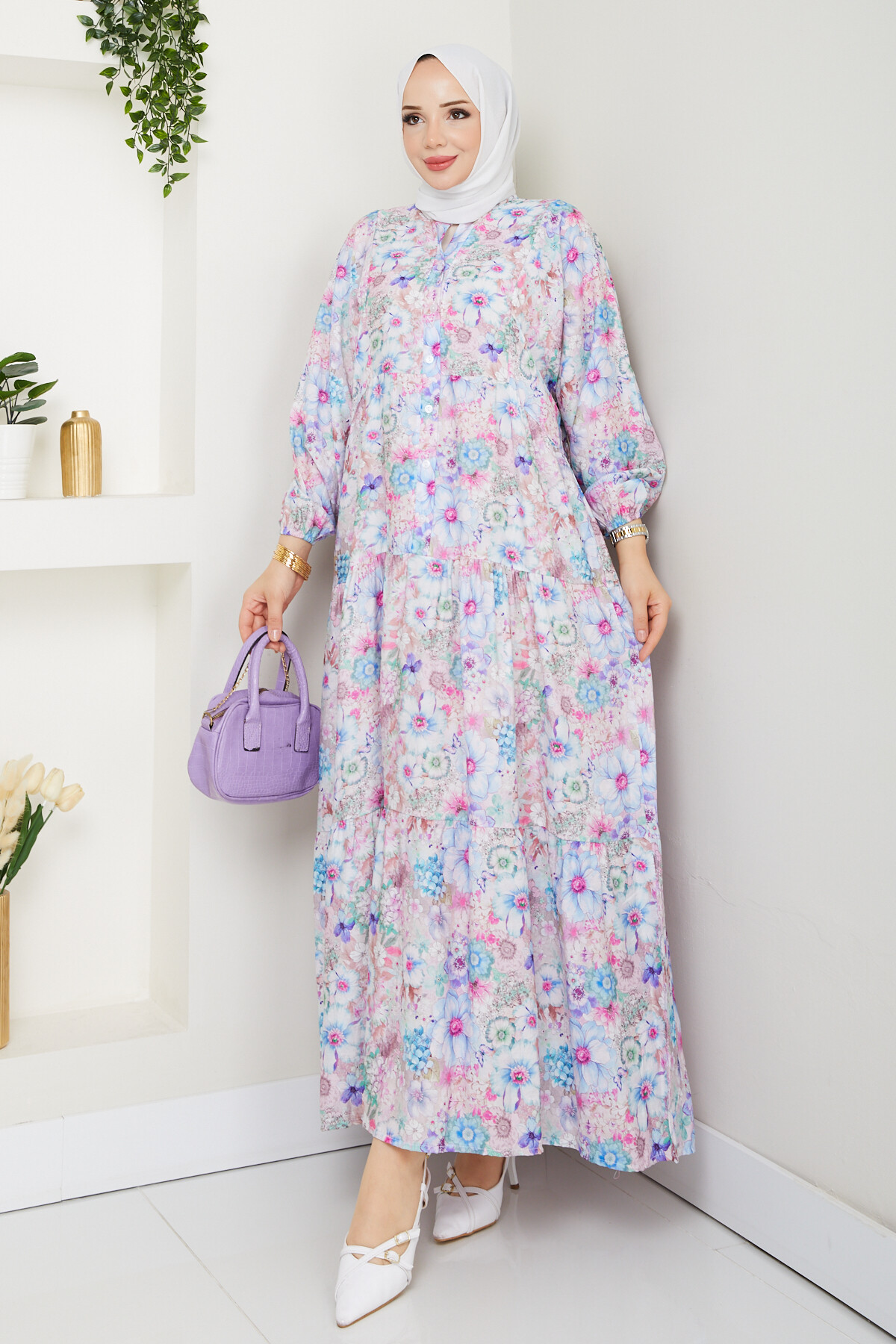 MANGO KÜÇÜK DESENLİ SALAŞ ELBİSE-LİLA