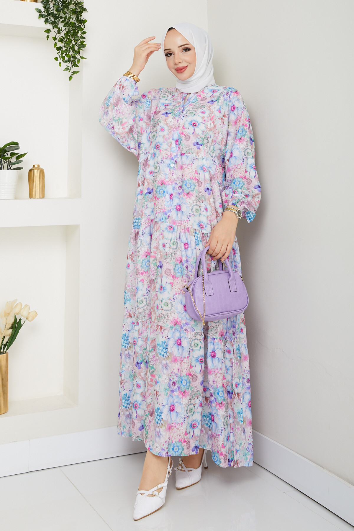 MANGO KÜÇÜK DESENLİ SALAŞ ELBİSE-LİLA