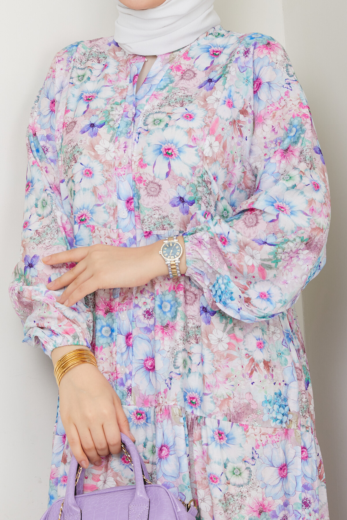 MANGO KÜÇÜK DESENLİ SALAŞ ELBİSE-LİLA