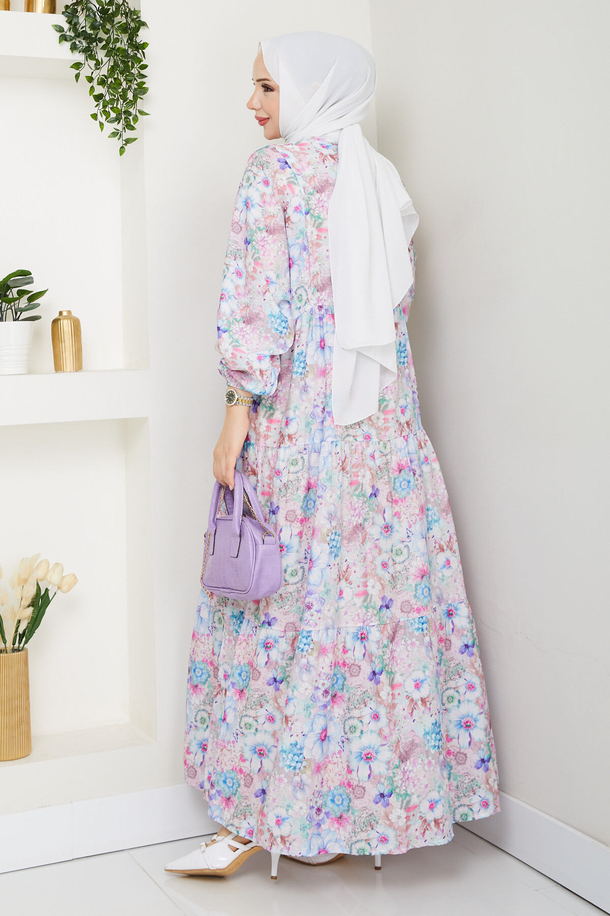 MANGO KÜÇÜK DESENLİ SALAŞ ELBİSE-LİLA